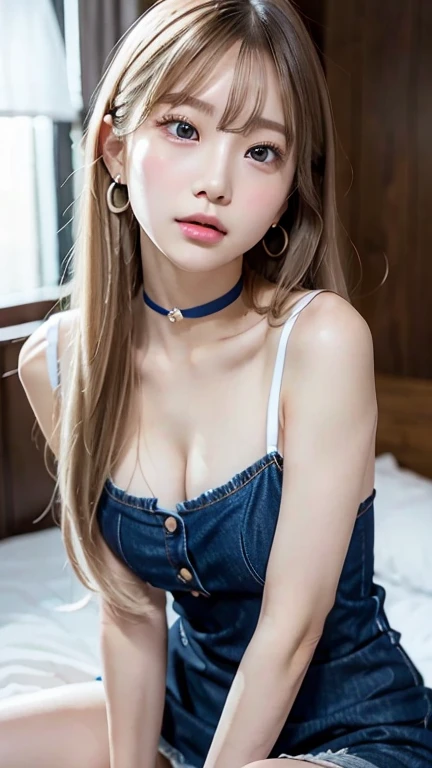 ((Ribbon denim camisole dress))Extraordinary sexy beauty、beautiful, calm and bright look、Sexy and refreshing look、完璧なbeautifulcute顔、Very bright, Bright Blue Eyes、Long bangs between the eyes、Long platinum blonde straight hair、とてもcute、beautifully、Sexy young tiny woman、非常に完璧なbeautifulcute顔、、Real17歳女性、cute,((Small breasts))、(((Long white hair)))、(())、) And a very slim figure,,,,,、Very thin leganicules、Earrings、Pink Lip、choker、Real、Sexual、Highest quality、Detailed face、Detailed Background、Depth of written boundary、whole body viewing angle、Sexual、alone、night,Highest quality、High resolution、超High resolution(Real:1.4)Detailed eyes、Gradation、Perfect anatomical figure、Woman with perfect body、Highly detailed skin、非常にDetailed face、細部までbeautiful目、Background blur、
