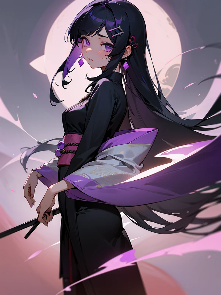1girl, 独奏, Looking at viewer, JUJUTSU KAİSEN, Purple eyes, Black hair, Puple hightlights, Absurdly Long Hair,
### **Aiko Kurokawa (Aiko Kurokawa) - Detailed Appearance**
#### **Hair:**
- **Farbe:** Midnight black with subtle dark purple highlights that shimmer under light.
- **Style:** Long and flowing, often styled in a half-up, half-down look. The upper half is secured with traditional, ornate hairpins, giving her a timeless and elegant appearance. The lower half cascades down her back, slightly wavy, adding a soft and ethereal touch to her overall look.
- **Hairpins:** The hairpins are intricate, adorned with small charms and beads that reflect her connection to both her past life and her current one. These hairpins also serve as a nod to her heritage and traditional Japanese aesthetics.
#### **eyes:**
- **Farbe:** Piercing violet eyes.
- **Expression:** Her eyes are striking and seem to hold the wisdom and sorrow of her past life. They are often the first feature people notice, drawing others in with their depth and intensity.
- **Makeup:** She wears minimal makeup, with a focus on accentuating her natural beauty. A light touch of eyeliner and mascara emphasizes her eye shape, and a subtle hint of purple eyeshadow complements her eye color.
#### **Facial Features:**
- **complexion:** Aiko has a fair and smooth complexion, with a hint of warmth. Her skin is flawless, giving her an almost otherworldly appearance.
- **Features:** She has delicate and refined features, with high cheekbones, a straight nose, and a softly curved jawline. Her lips are naturally rosy, often with a gentle smile that conveys her compassionate nature.
###**Clothing**
she wears a dark purple kimono with intricate red and black embroidery, paired with black thigh high socks and black zori she also wears a lace wedding veil to match her kimono, An amethyst pendant around her neck, a memento from her previous life, and a set of prayer beads wrapped around her wrist.