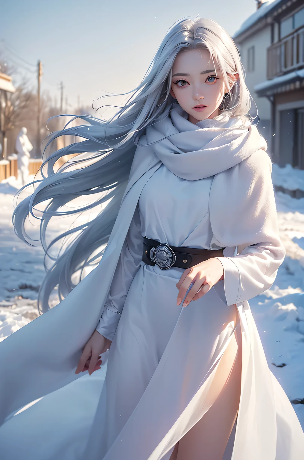 ((masterpiece:1.5、8k、Portraiture、Photorealistic and very detailed CG、Very detailed、Particle Effects、Dynamic Effects、Shallow depth of field、Cinematic Light、Lens flare、Ray Tracing、Tabletop、Realistic:1.4、Ultra-high resolution:1.2、Realistic、Realistic))((alone、,A woman wearing a cashmere coat over an off-the-shoulder dress:1.4、wear a long scarf、belt、coat、Elegant woman posing、Detailed face、brightexpression、young, bright, Whiter skin、Ample breasts、Best Looks、Ultimate beauty、Shiny silver hair with highlights、bright and shiny hair,、Super long, Silky straight hair、Hair dancing in the wind))(morning、The setting is outdoors in the snow、Surrounded by illuminations)
