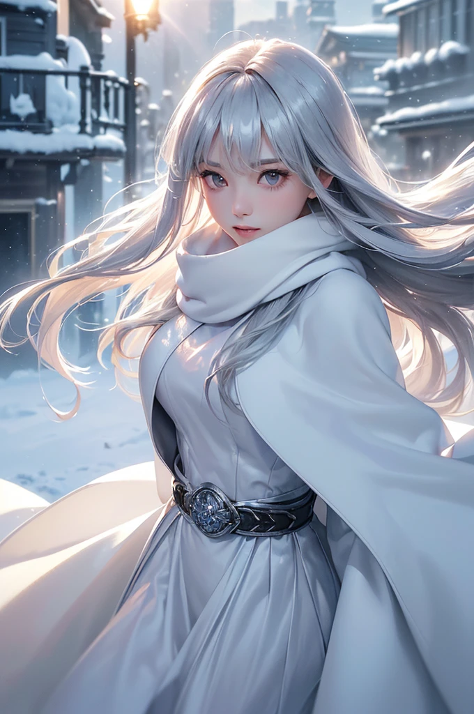 ((masterpiece:1.5、8k、Portraiture、フォトリアリスティックでVery detailedなCG、Very detailed、Particle Effects、Dynamic Effects、Shallow depth of field、Cinematic Light、Lens flare、Ray Tracing、Tabletop、Realistic:1.4、Ultra-high resolution:1.2、Realistic、Realistic))((alone、,オフショルダーのドレスの上にカシミアのcoatを着た女性:1.4、wear a long scarf、belt、coat、Elegant woman posing、Detailed face、bright表情、young, bright, Whiter skin、Ample breasts、Best Looks、Ultimate beauty、Shiny silver hair with highlights、bright and shiny hair,、Super long, Silky straight hair、Hair dancing in the wind))(morning、The setting is outdoors in the snow、Surrounded by illuminations)