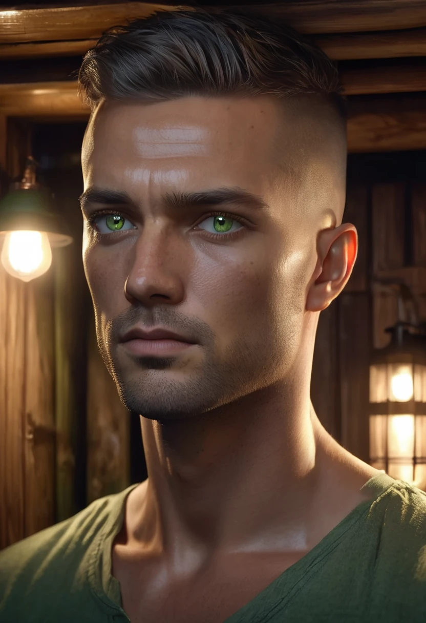 1 man, inside a wooden house at night, wearing simple clothes, detailed facial features, male green eyes, , detailed tanned skin, shaved head, dramatic lighting, cinematic composition, dark palette, dark colors, atmospheric haze, square jaw, soft face, serious face, handsome man, adult man, ultra realistic, profile picture, gorgeous, surreal beauty, adult man (best quality, 4K, 8K, high resolution, art: 1.2), ultra detailed (realistic, photorealistic, photorealistic: 1.37)