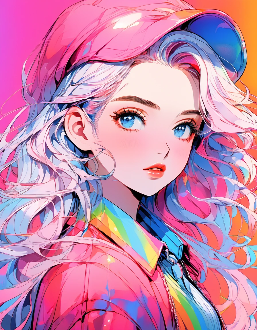 anime ,Realistic ,sketch , 1 Girl, Shining blue eyes,Glossy Lips, sweater,Collared shirt、order, Red gradient background, Neon Hair,textured crop, , (masterpiece,Highest quality,Rainbow Style)