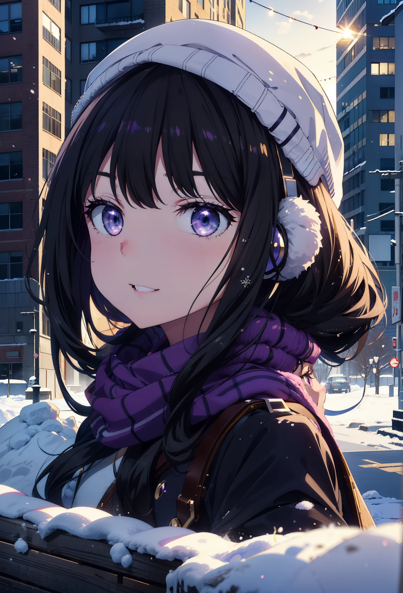 Takiuchikami,Long Hair, bangs, Black Hair, (Purple eyes:1.2),happy smile, smile, Open your mouth,Knitted hat,Earmuffs,Blue oversized coat,White scarf,Long skirt,Black pantyhose,short boots,snowが積もっている,snowが降っている,winter,Cold Sky,night,moonlight,snow,snow,snow,snow,whole bodyがイラストに入るように,Walking,
break looking at viewer, whole body, 
break outdoors, city,construction area,
break (masterpiece:1.2), highest qualそれy, High resolution, unそれy 8k wallpaper, (shape:0.8), (Beautiful and beautiful eyes:1.6), Highly detailed face, Perfect lighting, Extremely detailed CG, (Perfect hands, Perfect Anatomy),