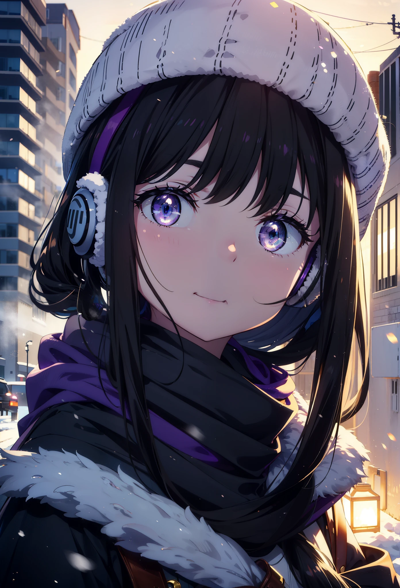 Takiuchikami,Long Hair, bangs, Black Hair, (Purple eyes:1.2),happy smile, smile, Open your mouth,Knitted hat,Earmuffs,Blue oversized coat,White scarf,Long skirt,Black pantyhose,short boots,snowが積もっている,snowが降っている,winter,Cold Sky,night,moonlight,snow,snow,snow,snow,whole bodyがイラストに入るように,Walking,
break looking at viewer, whole body, 
break outdoors, city,construction area,
break (masterpiece:1.2), highest qualそれy, High resolution, unそれy 8k wallpaper, (shape:0.8), (Beautiful and beautiful eyes:1.6), Highly detailed face, Perfect lighting, Extremely detailed CG, (Perfect hands, Perfect Anatomy),