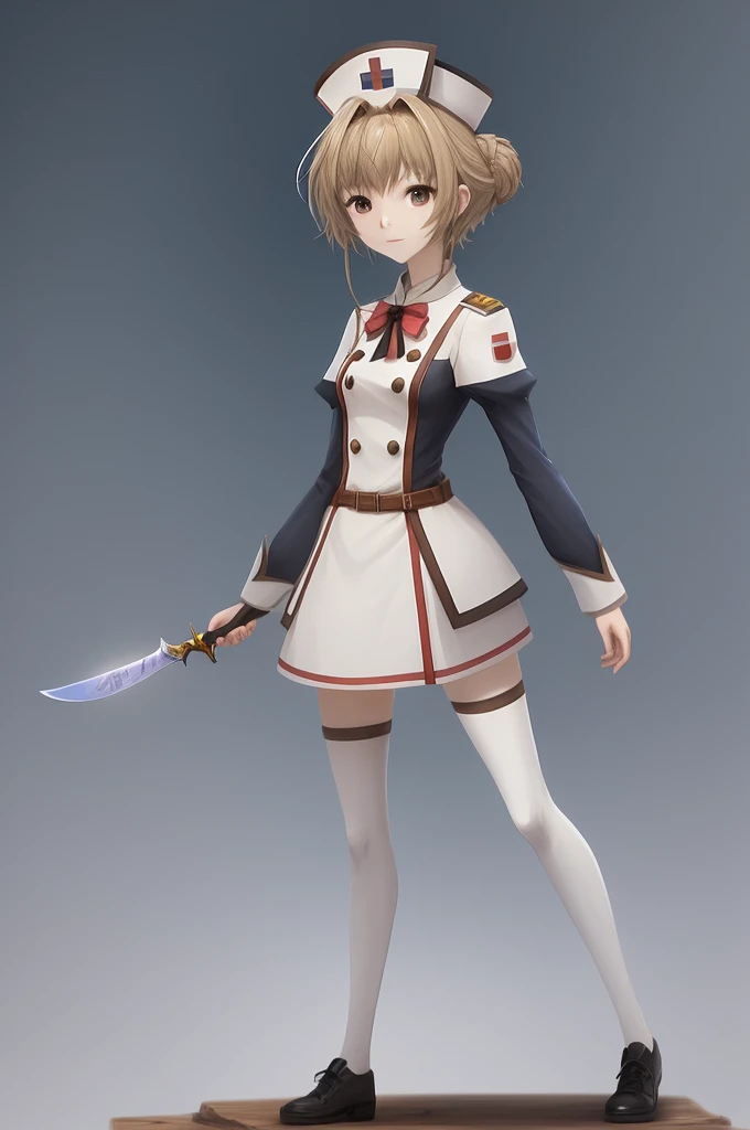 Field Medic Woman, masterpiece, high quality, Game character design, Anime illustration style, simple flat background, (Little:0.9), whole body, Diagonal angle, View your viewers, Dynamic pose, Holding a dagger, Text only,