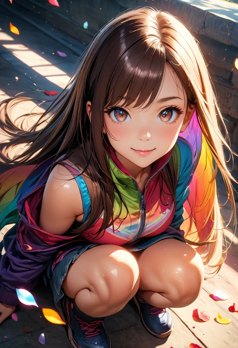 Highest quality, Great quality, 16K, Unbelievably absurd, Very detailed, delicate and dynamic, Natural light, The particles reflect light, Diffuse reflection of light, Many rainbow-colored petals fall, Sparkling Sun, Diffuse reflection of light, Create amazing image effects, anime style:0.9, photorealistic, Bright colors, Depth of the bounds written, blurred background, alone, 1 girl, ( long hair, asymmetrical bangs, dark brown eyes), beautiful face details, beautiful eyes, long eyelashes, soft lips, (small face), smile, open your legs, squat, spread legs, upper glance, from above
