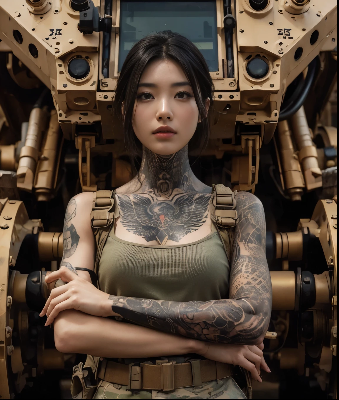 8k,Realistic Photo、Realistic Skin Texture、Superrealism、Japanese women in the U.S. military、Tattoo、In front of a large wheel-driven robotic weapon