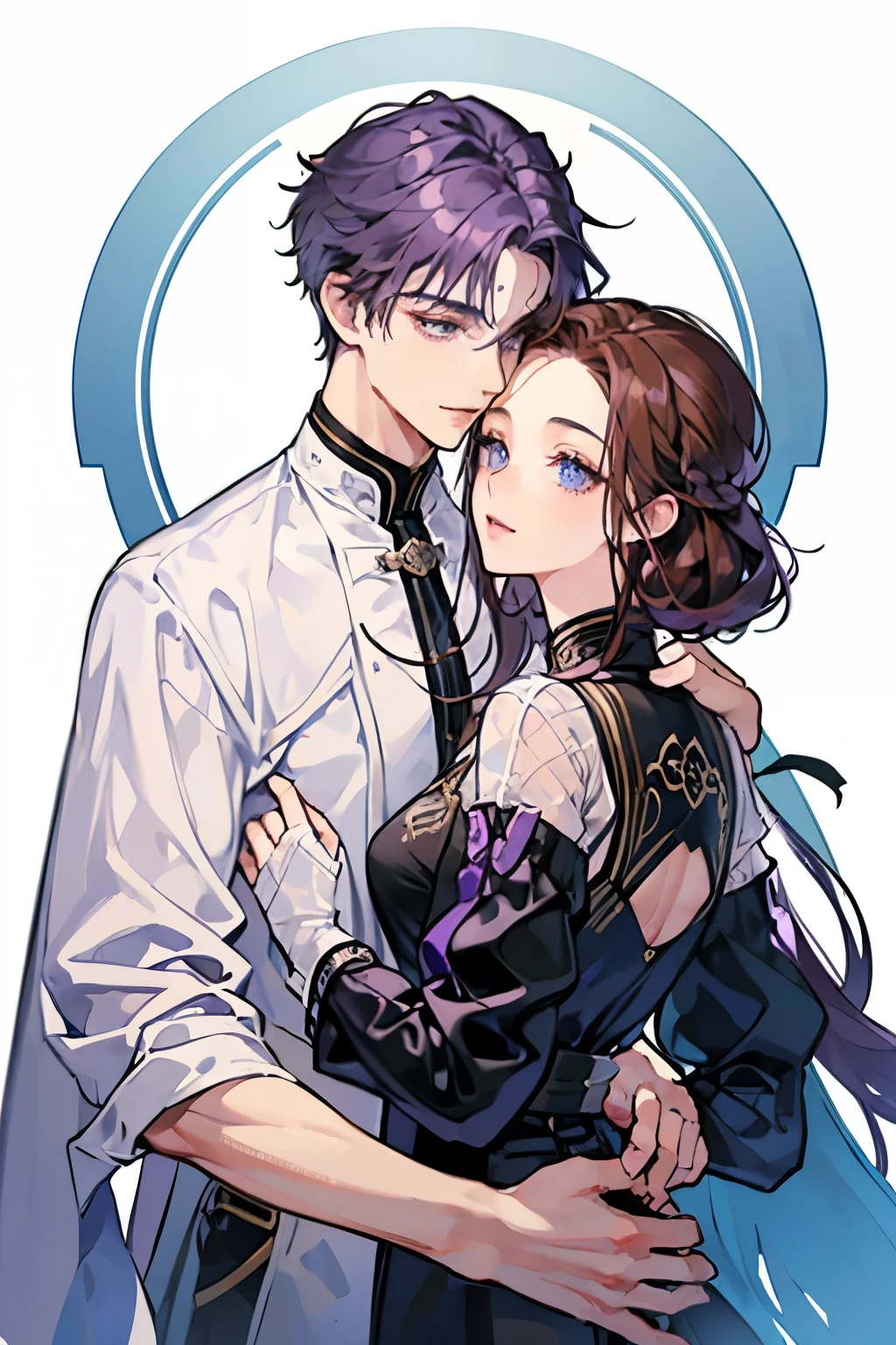 White Background、((Man with purple hair))、Droopy eyes、Blue eyes on the face、Man in white shirt、Short-haired man、a handsome guy、chest、((Middle parted man))、((Man with forehead exposed))、Black slacks、smile、16 year old male、Adult female、Woman in a black dress、Long Hair Girl、 Man hugging woman、Men and women hugging each other、((Brown Hair Girl))、((Girl with bangs))、Detailed face、Clear Face、((girl with bangan with purple hair))