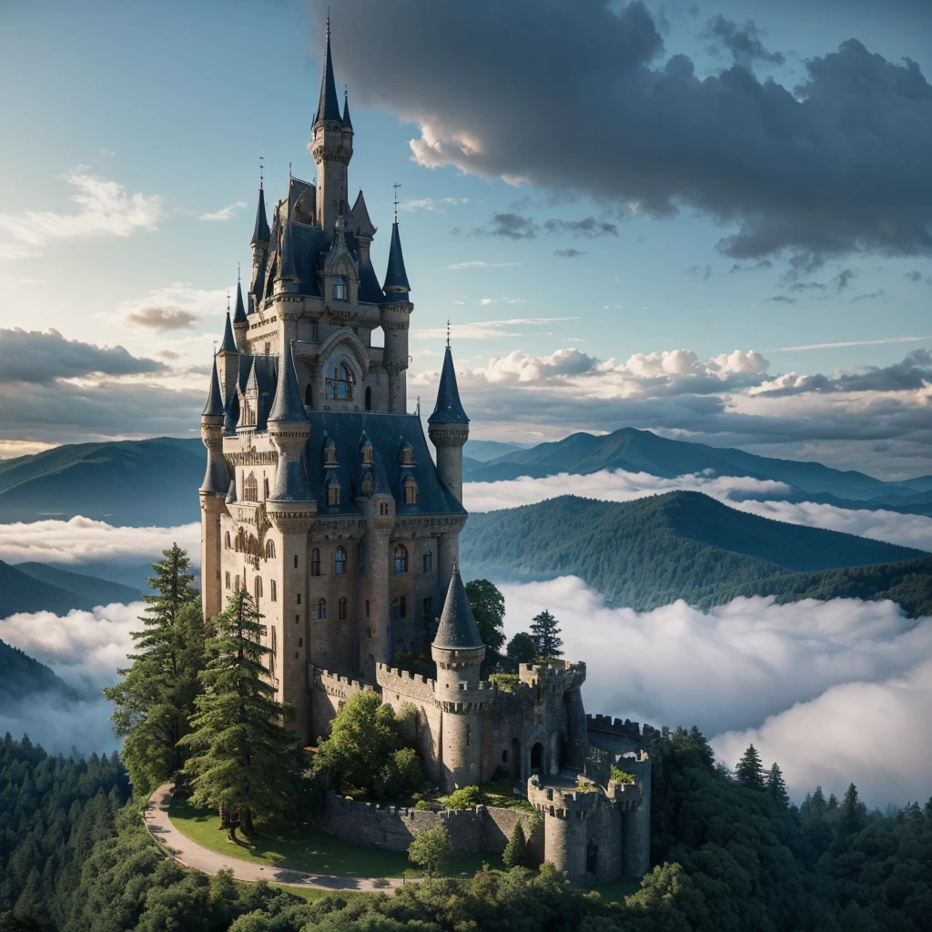 A An old castle on top of a giant tree in the middle of a dense forest with a magical aura emanating from inside the castle surrounded by trees and plants. fantasy world with tall, snowy mountains reaching into the sky through the clouds, 