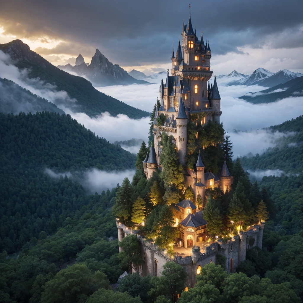 A An old castle on top of a giant tree in the middle of a dense forest with a magical aura emanating from inside the castle surrounded by trees and plants. fantasy world with tall, snowy mountains reaching into the sky through the clouds,