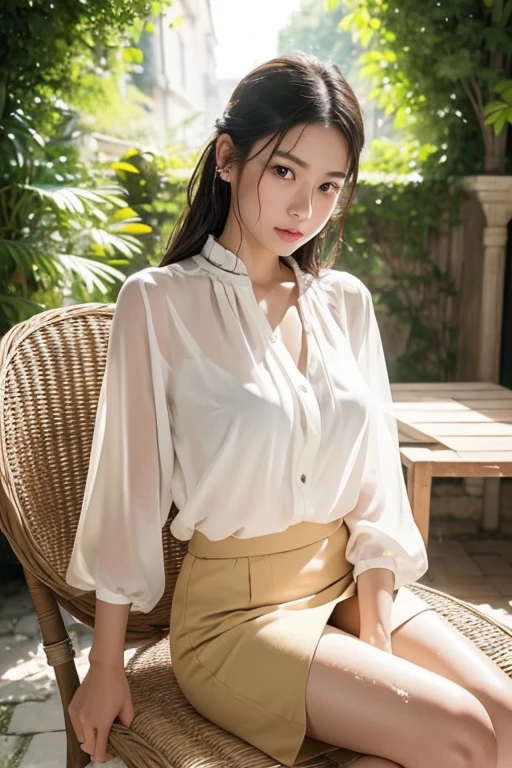 Very beautiful Japanese woman、Around 20 years old、layered cut、Sitting on a wicker chair、((Legs crossed boldly))、Scornful expression、((My skin is shining with sweat))、((My blouse is also wet with sweat.))、The breeze is stirring my hair、stylish、A stylish white blouse and an elegant beige skirt、Afternoon terrace of a French mansion、The sunlight illuminates the surrounding landscape in pure white.、french movie style、Professional photos with attention to detail、Photorealistic、Highest quality