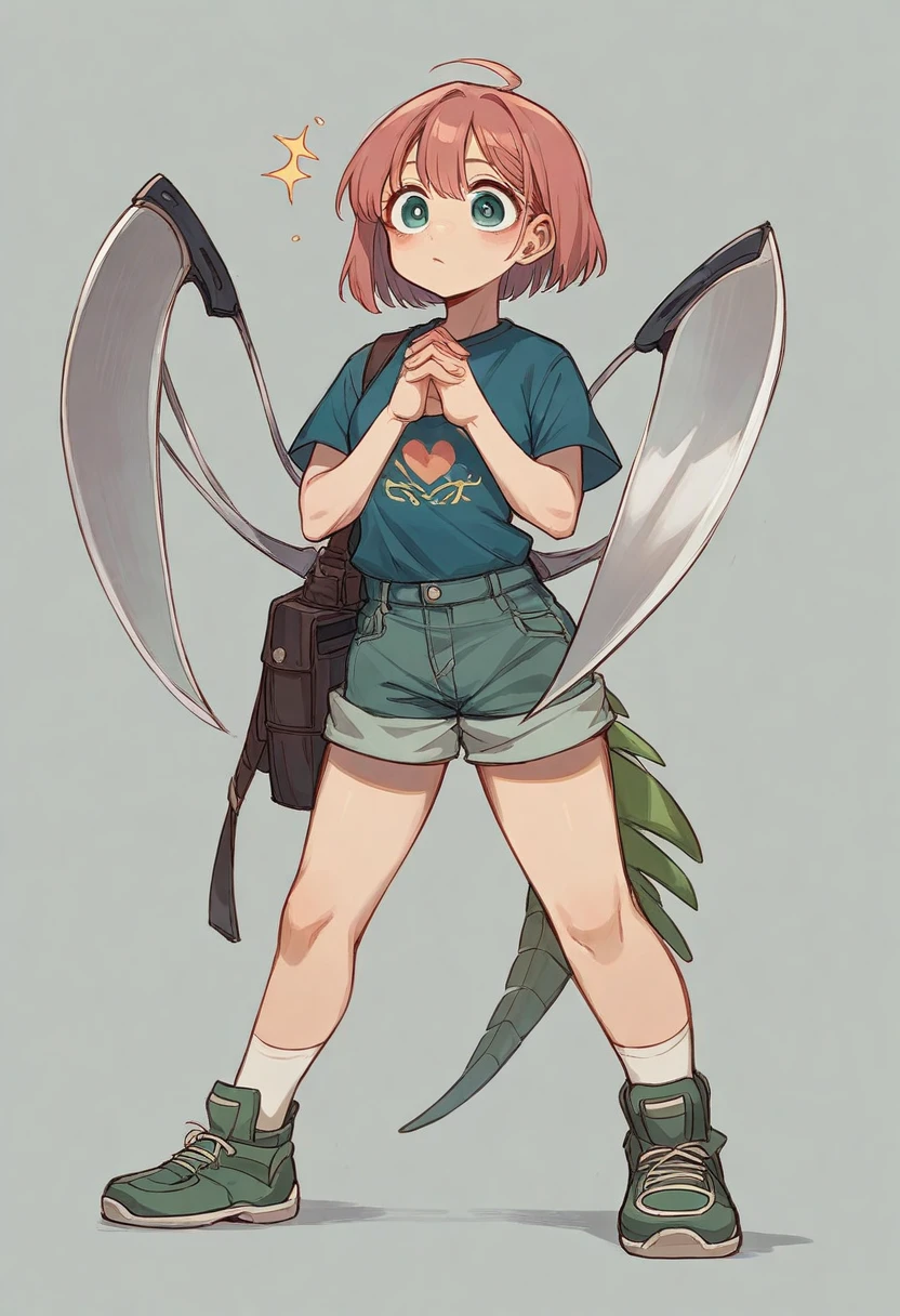 full body display、One girl、Transform the human world、His hand is a large sickle、Big eyes、Cute face、Shoot cut、The hands are like a praying mantis、Shorts、T-Shirts、Wearing armor、