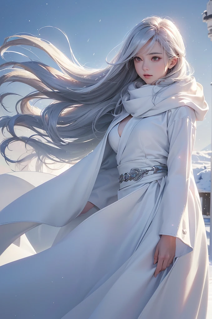 ((masterpiece:1.5、8k、Portraiture、フォトリアリスティックでVery detailedなCG、Very detailed、Particle Effects、Dynamic Effects、Shallow depth of field、Cinematic Light、Lens flare、Ray Tracing、Tabletop、Realistic:1.4、Ultra-high resolution:1.2、Realistic、Realistic))((alone、,オフショルダーのドレスの上にカシミアのcoatを着た女性:1.4、wear a long scarf、belt、coat、Elegant woman posing、Detailed face、bright表情、young, bright, Whiter skin、Ample breasts、Best Looks、Ultimate beauty、Shiny silver hair with highlights、bright and shiny hair,、Super long, Silky straight hair、Hair dancing in the wind))(morning、The setting is outdoors in the snow、Surrounded by illuminations)
