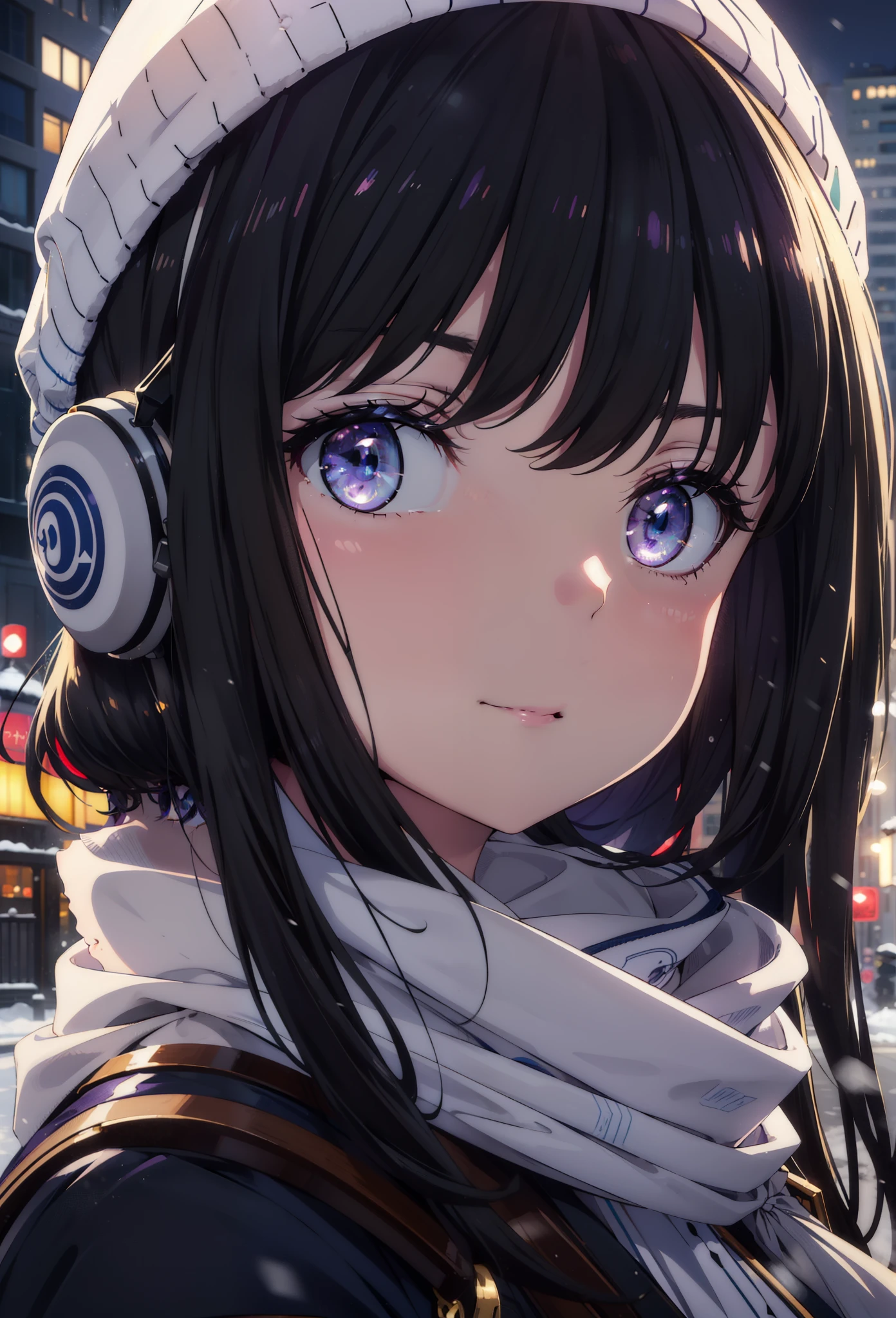 Takiuchikami,Long Hair, bangs, Black Hair, (Purple eyes:1.2),happy smile, smile, Open your mouth,Knitted hat,Earmuffs,Blue oversized coat,White scarf,Long skirt,Black pantyhose,short boots,snowが積もっている,snowが降っている,winter,Cold Sky,night,moonlight,snow,snow,snow,snow,whole bodyがイラストに入るように,Walking,
break looking at viewer, whole body,
break outdoors, city,construction area,
break (masterpiece:1.2), highest qualそれy, High resolution, unそれy 8k wallpaper, (shape:0.8), (Beautiful and beautiful eyes:1.6), Highly detailed face, Perfect lighting, Extremely detailed CG, (Perfect hands, Perfect Anatomy),