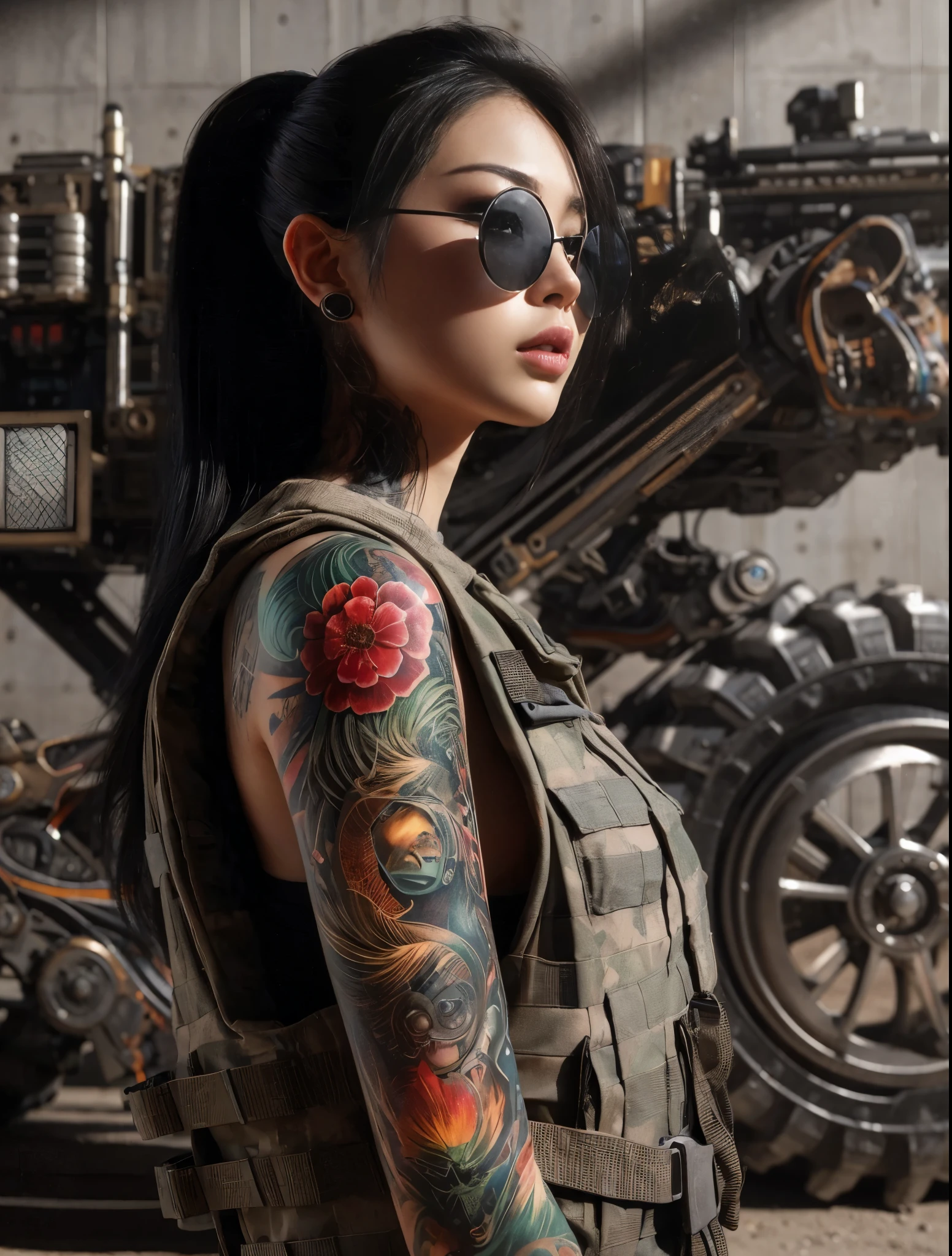 8k,Realistic Photo、Realistic Skin Texture、Superrealism、Japanese women in the U.S. military、Tattoo、sunglasses、In front of a large wheel-driven robotic weapon