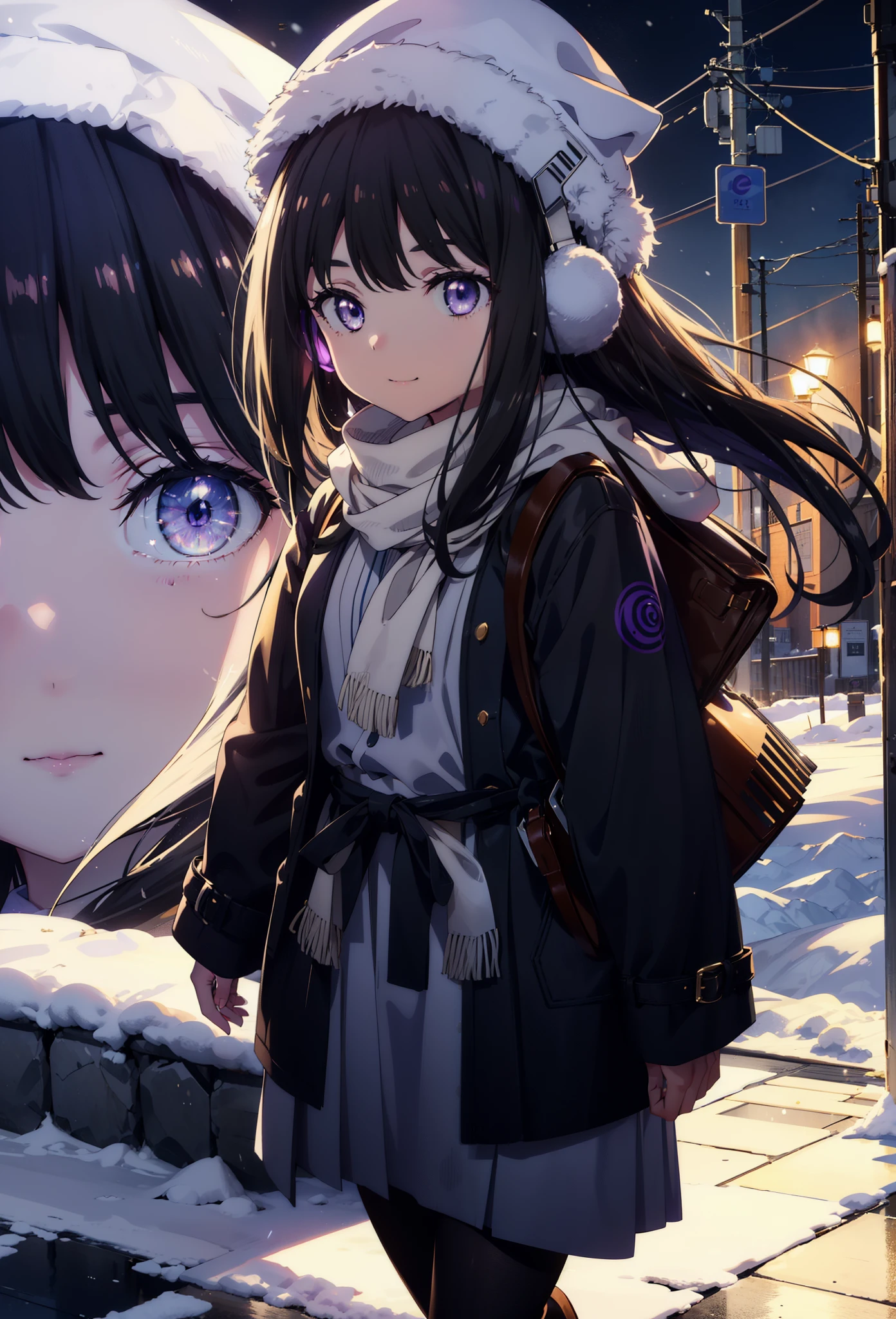 Takiuchikami,Long Hair, bangs, Black Hair, (Purple eyes:1.2),happy smile, smile, Open your mouth,Knitted hat,Earmuffs,Blue oversized coat,White scarf,Long skirt,Black pantyhose,short boots,snowが積もっている,snowが降っている,winter,Cold Sky,night,moonlight,snow,snow,snow,snow,whole bodyがイラストに入るように,Walking,
break looking at viewer, whole body,
break outdoors, city,construction area,
break (masterpiece:1.2), highest qualそれy, High resolution, unそれy 8k wallpaper, (shape:0.8), (Beautiful and beautiful eyes:1.6), Highly detailed face, Perfect lighting, Extremely detailed CG, (Perfect hands, Perfect Anatomy),