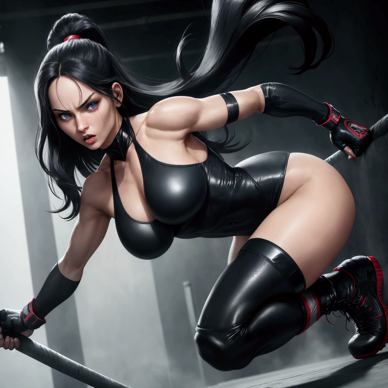 women, 28 years old, Height of 1,70 centimeters, athletic and firm body, Long straight black hair, dark blue eyes, fleshy mouth, wears a sports thong leotard, fighting gloves, short white sports boots.