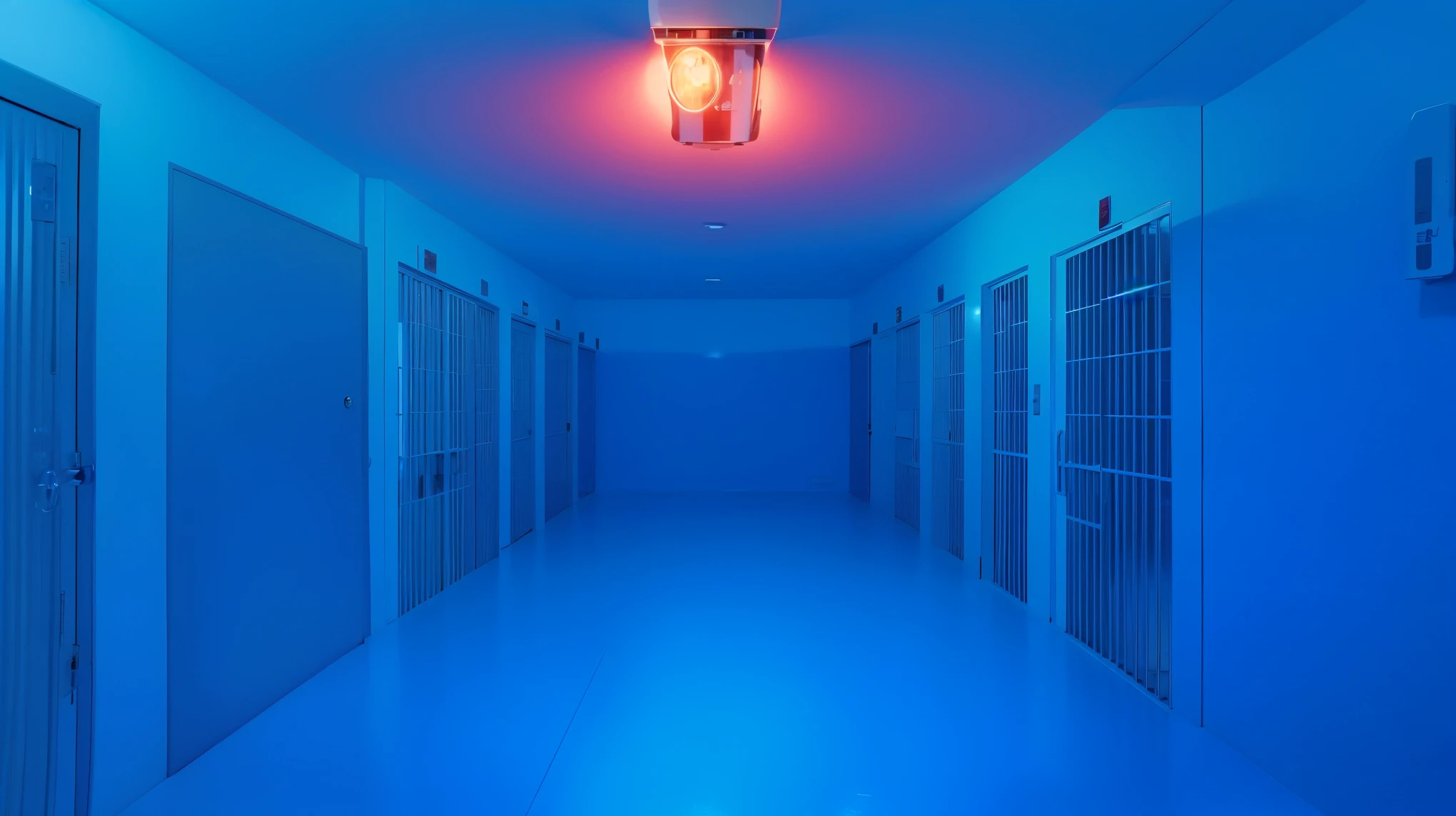 The image presents a haunting prison corridor bathed in an ethereal blue light, creating a chilling and otherworldly atmosphere. The corridor is flanked by rows of cell doors, suggesting confinement and surveillance, underscored by the ominous red glow from a security camera above. This stark color contrast not only enhances the visual drama but also symbolizes the tension between the cold isolation of the cells and the watchful eyes of authority. The perspective draws the viewer's eye towards the vanishing point at the corridor's end, adding a sense of depth and mystery to the composition. This environment, while visually striking, evokes feelings of unease and anticipation, suggesting a narrative of suspense and control. (glossy plastic texture with multiple big light probe refractions), perfect cgi, smooth silhouette, high intensity refraction, (super glossy plastic material), most beautiful vfx, , realistic, 4k, high resolution, rim light, smooth 3d model, multiple light sources, rim light, sharp post effects render,, realistic, 4k, high resolution, rim light detailed digital art, reflective, best quality, 4k, masterpiece:1.2, ultra-detailed, realistic, vivid colors, The image of the highest quality, ensuring every detail showcased perfectly. It in 4k resolution, allowing viewers to immerse themselves in the richness of the colors and intricate details. The realistic rendering. under the spotlight, reflecting, high-resolution image, realistic rendering