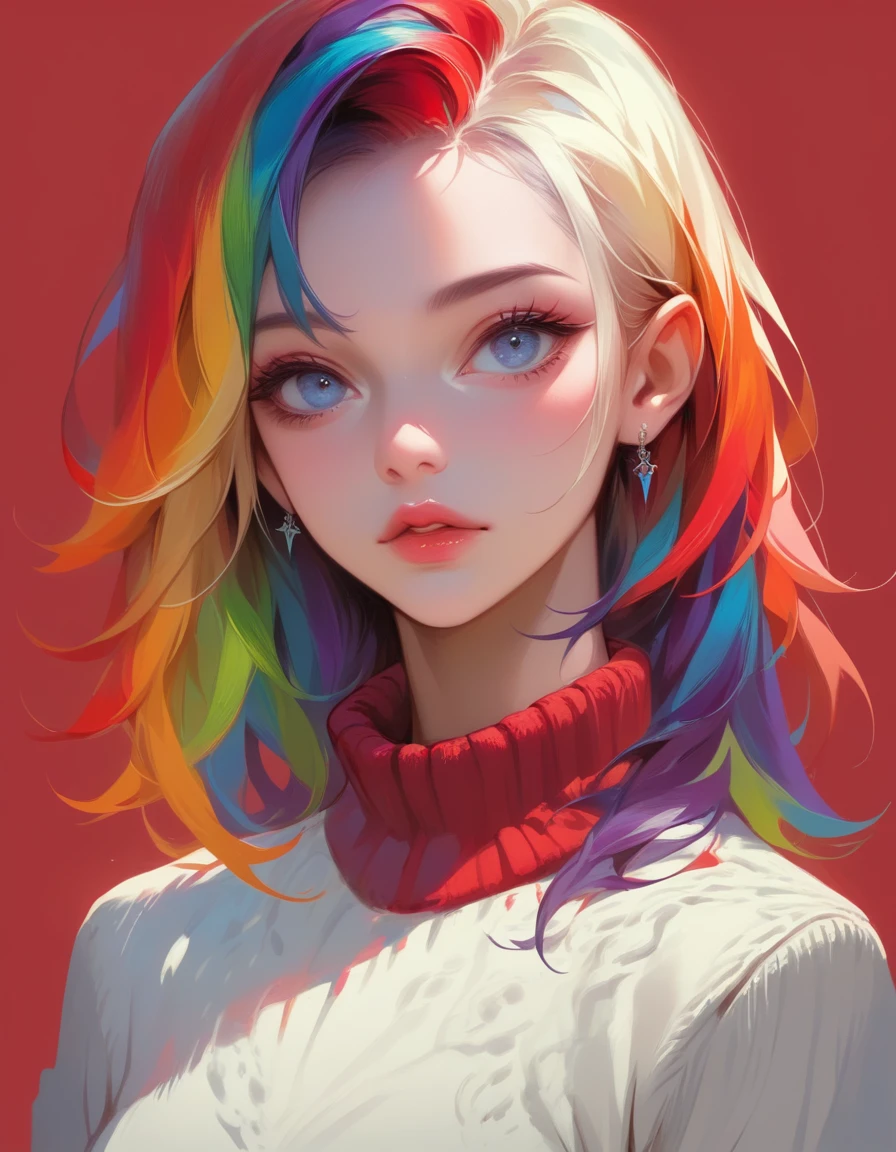 anime ,Realistic ,sketch , 1 Girl, Shining blue eyes,Glossy Lips, sweater,Collared shirt、order, Red gradient background, Neon Hair,textured crop, , (masterpiece,Highest quality,Rainbow Style)