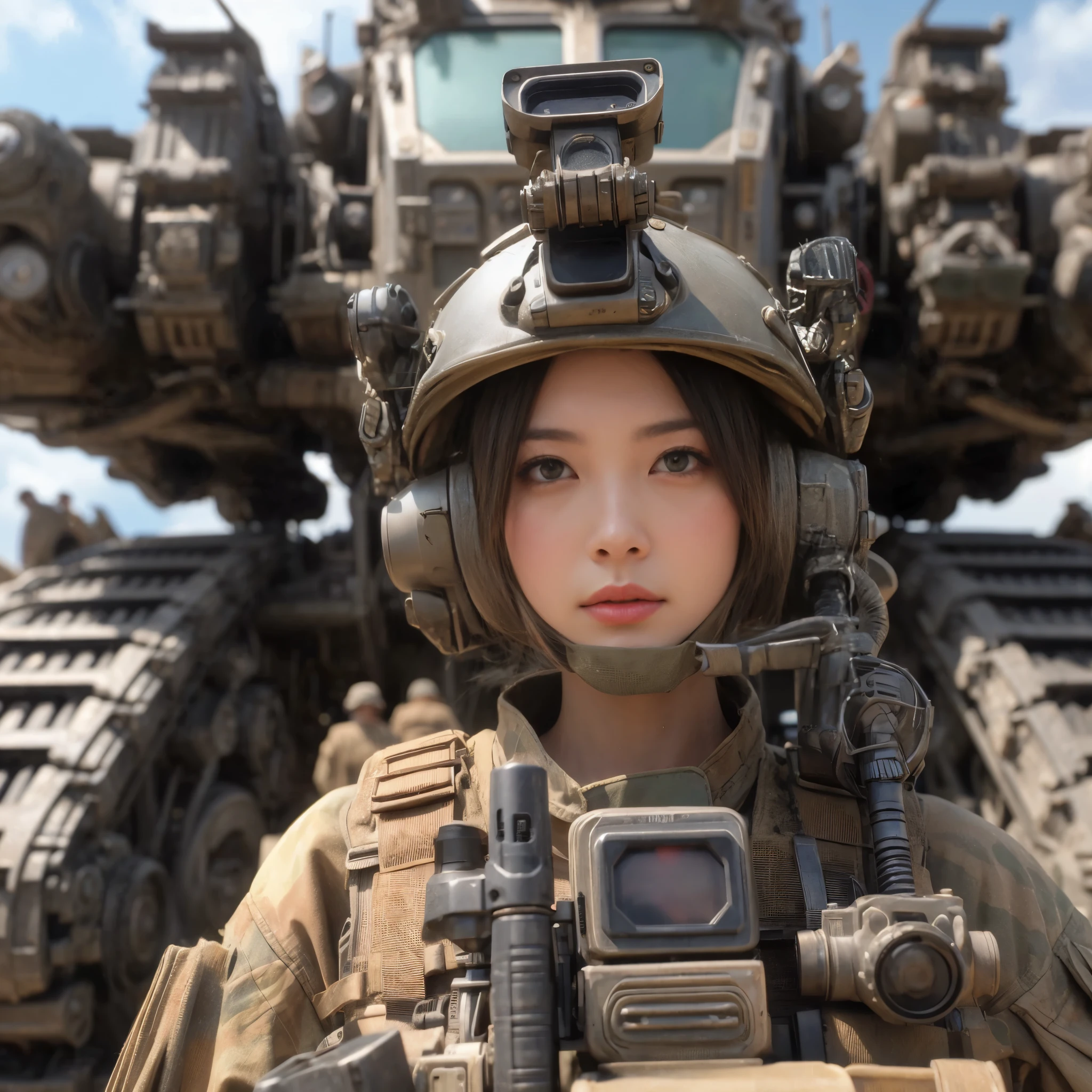 8k,Realistic Photo、Realistic Skin Texture、Superrealism、Japanese women in the U.S. military、Tattoo、In front of a large wheel-driven robotic weapon