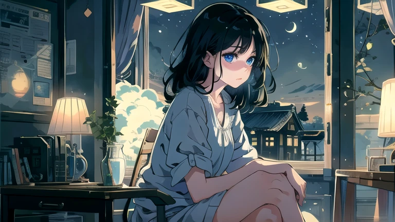 Create an illustration of a girl with black hair and blue eyes, sitting in a chair in front of a desk, Sentimental, Introspective look。, The moonlight gently shines into the room, Gently illuminate the space, Curtains sway in the wind, Increase tranquility, Dark mood, Emphasise the theme of loneliness, silence, And the depths of night, The room is dark、dimly lit by the moonlight
