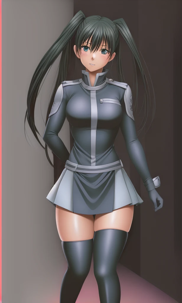 Lenalee with long, beautiful legs and twin tails is standing in a miniskirt uniform and black knee socks.。