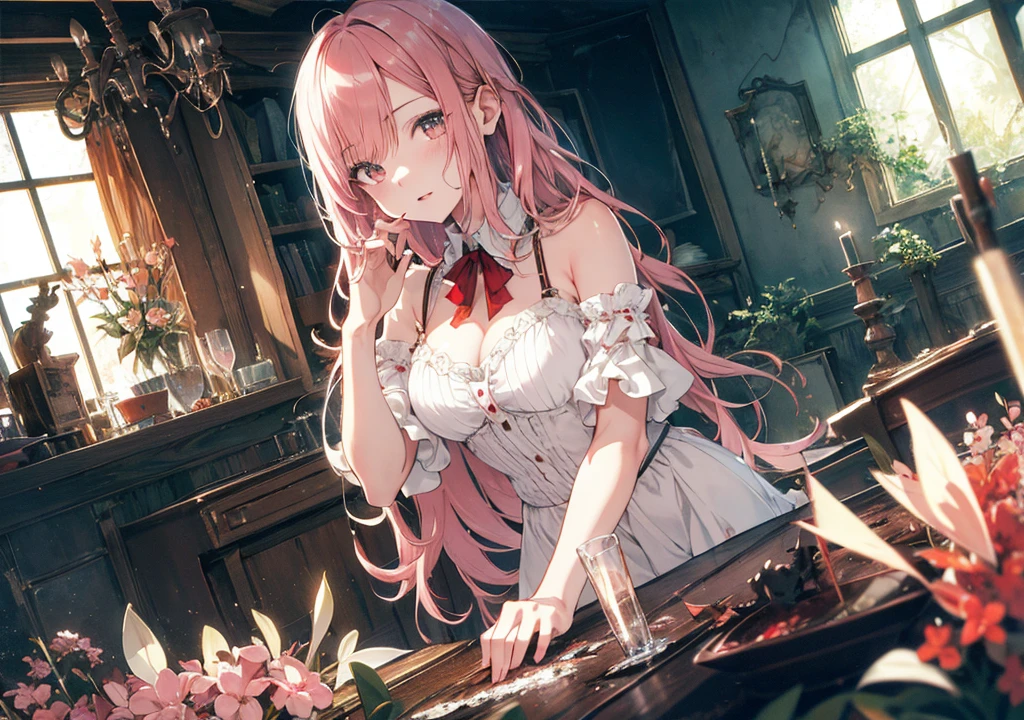 Realistic photos, Focus distance 10mm, Red and white, Beautiful girl, Realistic photos, Shooting at focus distance 10mm, masterpiece, 最high quality, high quality, Very detailed CG 8k wallpaper unit, Award-winning photography, Depth of written boundary, High resolution, bloom, chromatic aberration, Realistic, Very detailed, Art Station Trends, CGsociety Trends, Complex, High detail, dramatic, Art on At a magical spring deep in the forest, a beautiful pink-haired witch holds her hands over the water, and a mysterious light spreadsthe go, volumetric lighting, a beautiful girl in the dining room of an abandoned mansion, bloody, spooky, halloween, resident evil