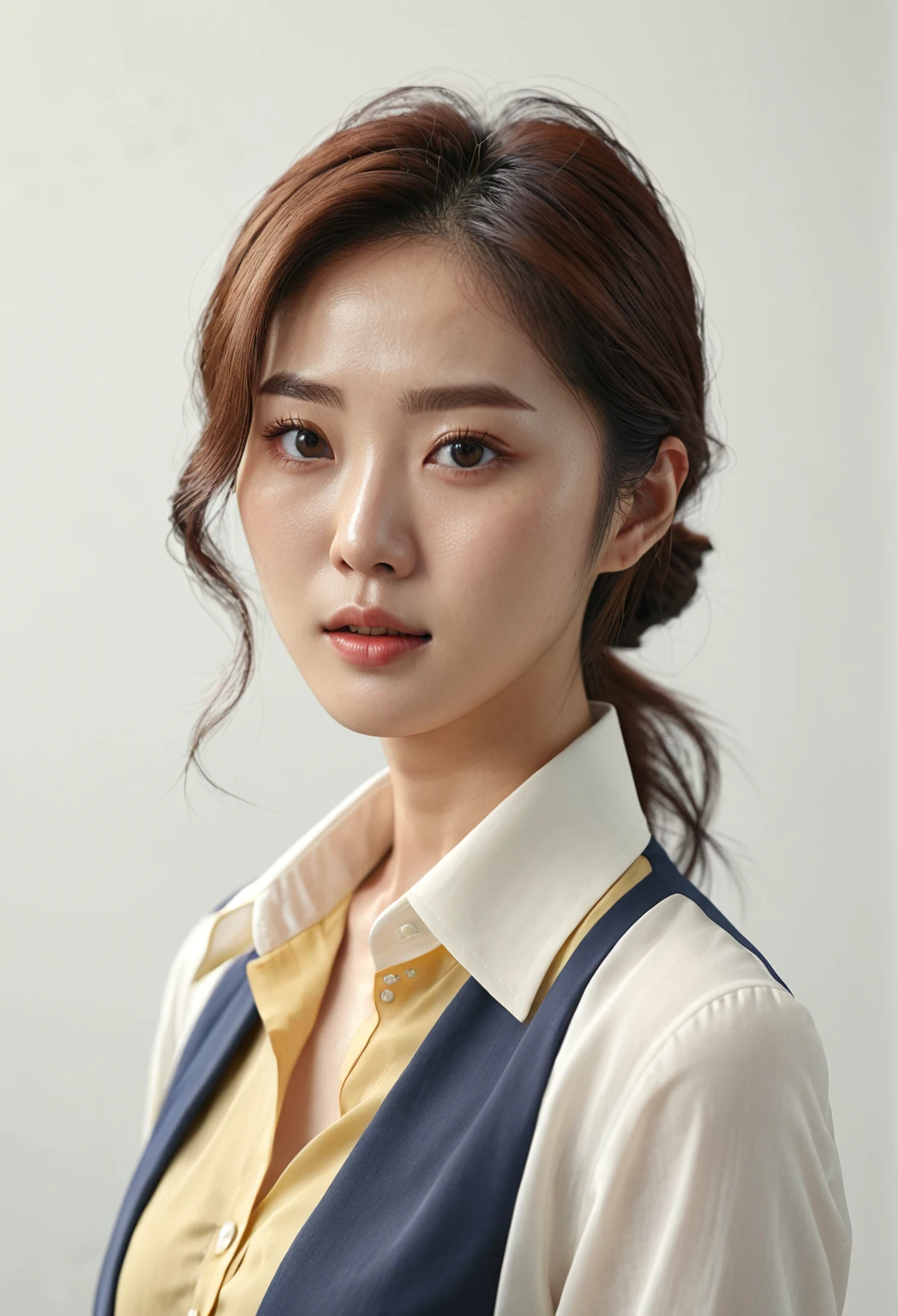 (best quality), photo realistic, 8k, Masterpiece, Portrait: 1.3, photo realistic, hyper realistic, Sharp Focus, looking at viewer,  light on face, real texture skin, detailed eyes, detailed face,(Keep your hairstyle the same), cinematic lighting, 8k, UHD, retina, masterpiece, accurate, anatomically correct, textured skin, 28 year old Korean woman, (yeiiow formal_shirt:1.4)
