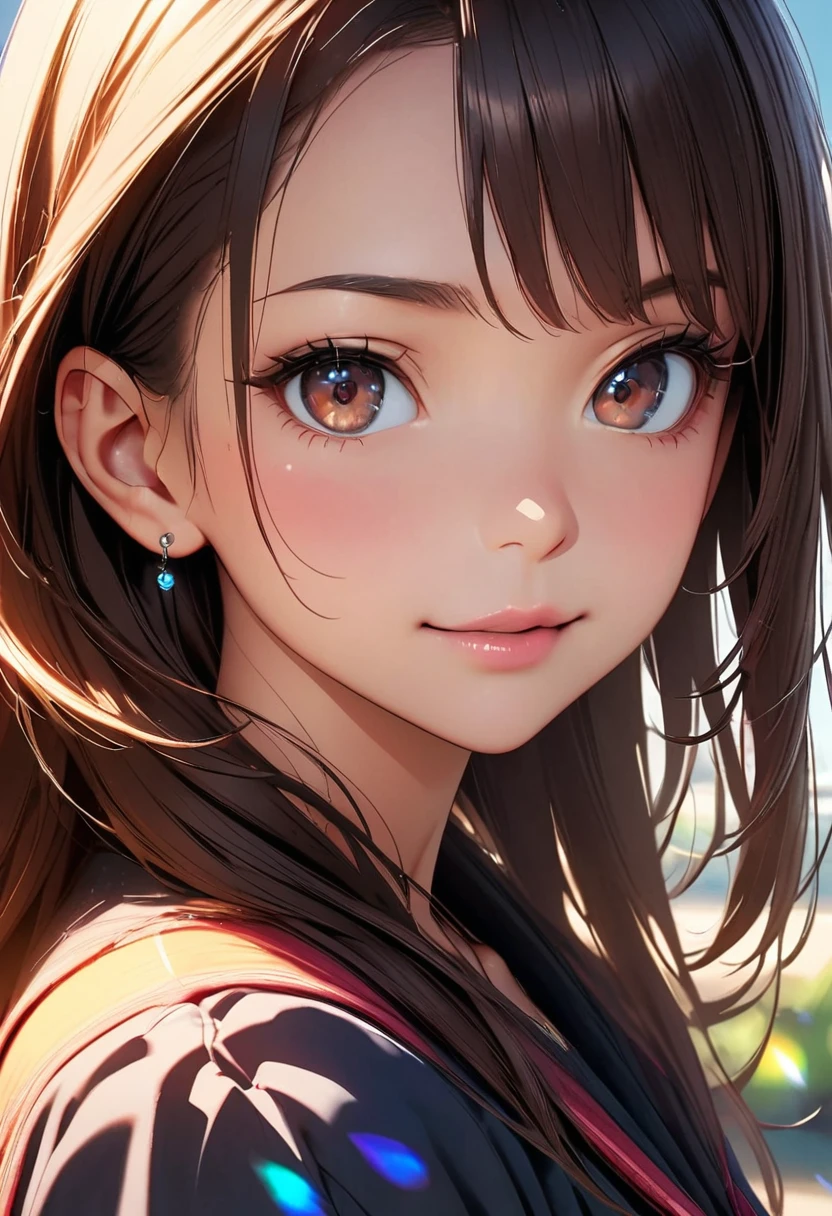 Highest quality, Great quality, 16K, Unbelievably absurd, Very detailed, delicate and dynamic, Natural light, The particles reflect light, Diffuse reflection of light, Many rainbow-colored petals fall, Sparkling Sun, Diffuse reflection of light, Create amazing image effects, anime style:0.9, photorealistic, Bright colors, Depth of the bounds written, blurred background, alone, 1 girl, ( long hair, asymmetrical bangs, dark brown eyes), beautiful face details, beautiful eyes, long eyelashes, soft lips, (small face), smile, open your legs, squat, spread legs, upper glance, from above