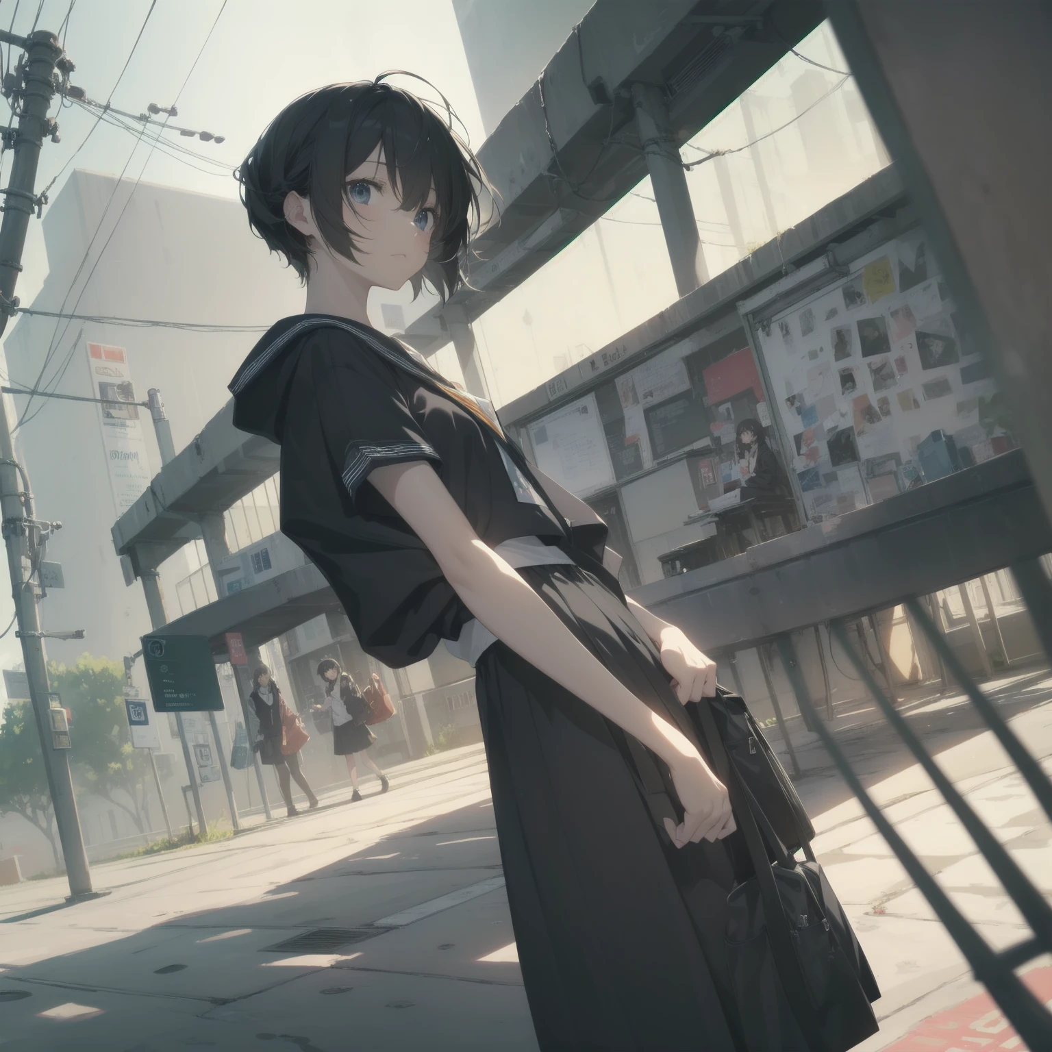 ultra-absurdres-Top quality by artist God, ultra-detailed, high resolution, anime moe artstyle, best anime 8k konachan wallpaper, pixiv contest winner, pool:2810, perfect anatomy,break, 1girl, (Please draw a girl walking sleepily to school alone. )break,(Solo,little female, 13-year-old:1.3),Full limbs, complete fingers,a junior high school student, (very short hair), short cut, flat chest, , small butt, small black eyes, beautiful detailed eyes, well-proportioned iris and pupils, expressive eyes, highres detailed hair, soft expression, salor school_uniform, sailor collar, serahuku, bow, pleated skirt,(Detailed Lighting), (Detailed background), in the School commute route. break,super detailed skin, Best cinematic lighting powered by famous artist, 8k,beauty illustration,photoshop_(medium),very aesthetic,break,((artist:kashikaze )), artist:clamp ,artist:carnelian ,artist:kantoku ,