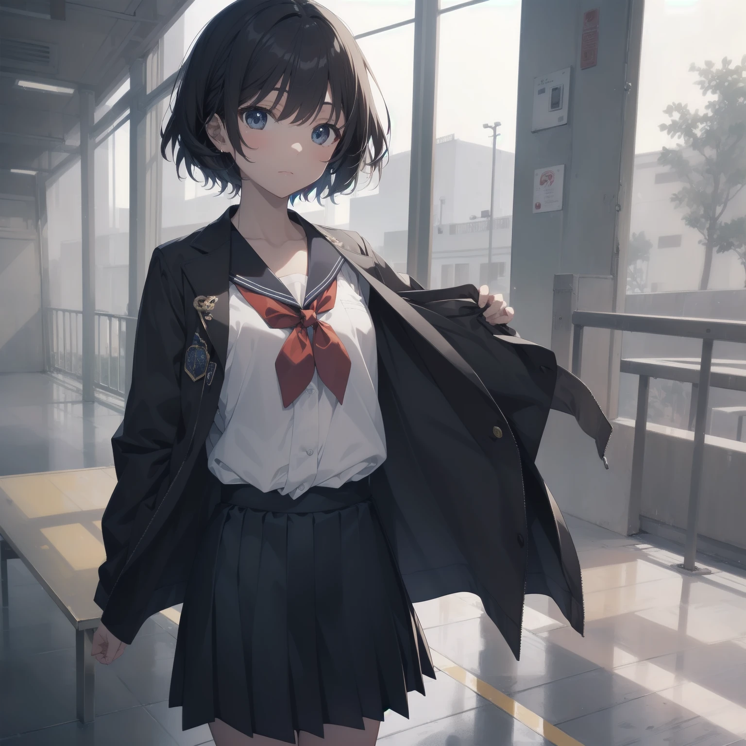 ultra-absurdres-Top quality by artist God, ultra-detailed, high resolution, anime moe artstyle, best anime 8k konachan wallpaper, pixiv contest winner, pool:2810, perfect anatomy,break, 1girl, (Please draw a girl walking sleepily to school alone. )break,(Solo,little female, 13-year-old:1.3),Full limbs, complete fingers,a junior high school student, (very short hair), short cut, flat chest, , small butt, small black eyes, beautiful detailed eyes, well-proportioned iris and pupils, expressive eyes, highres detailed hair, soft expression, salor school_uniform, sailor collar, serahuku, bow, pleated skirt,(Detailed Lighting), (Detailed background), in the School commute route. break,super detailed skin, Best cinematic lighting powered by famous artist, 8k,beauty illustration,photoshop_(medium),very aesthetic,break,((artist:kashikaze )), artist:clamp ,artist:carnelian ,artist:kantoku ,