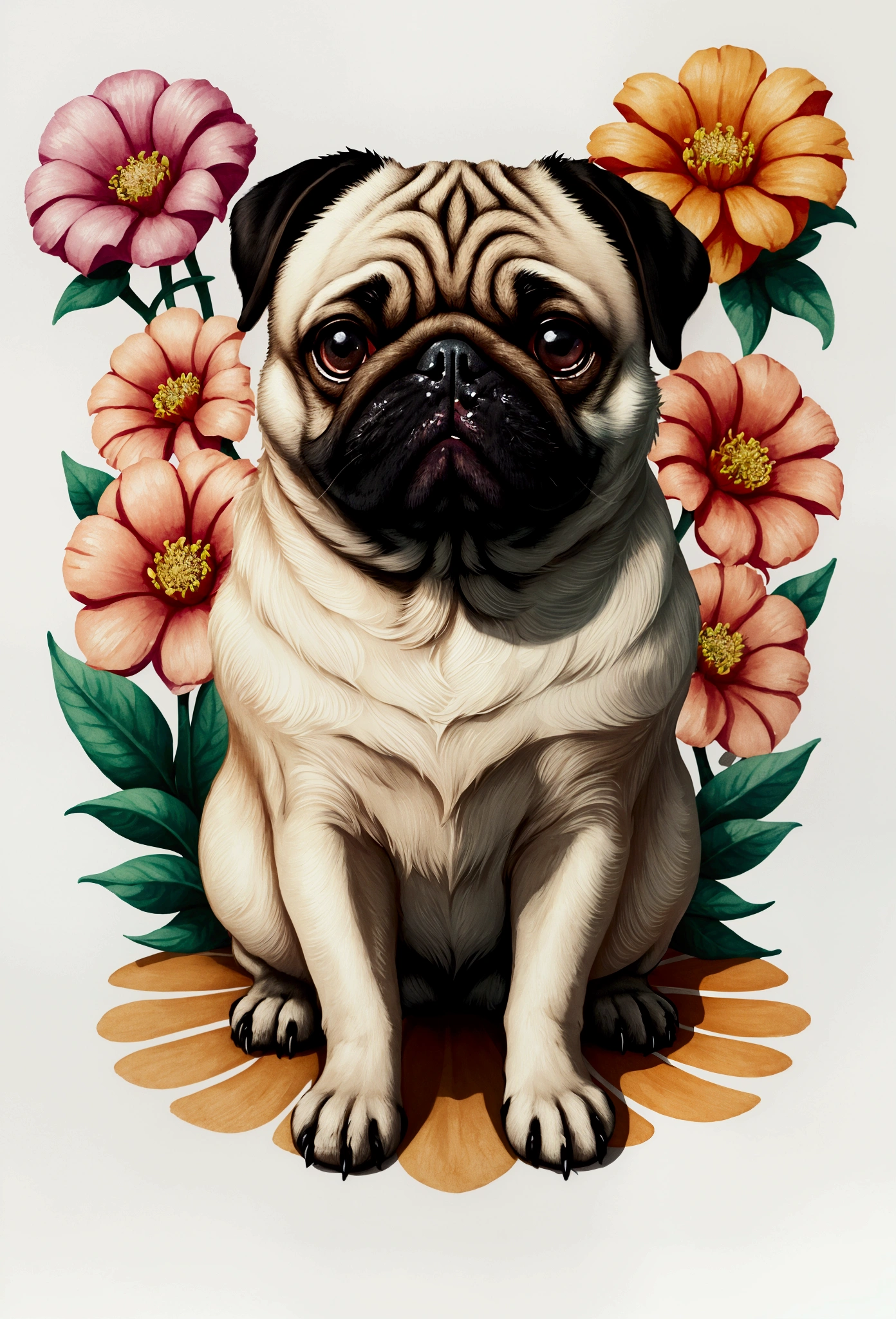 STICKER, A detailed illustration a print of vivid cute Pug head, fantasy flowers splash, vintage t-shirt design, in the style of Studio Ghibli, white and orange flora pastel tetradic colors, 3D vector art, cute and quirky, fantasy art, watercolor effect, bokeh, Adobe Illustrator, hand-drawn, digital painting, low-poly, soft lighting, bird's-eye view, isometric style, retro aesthetic, focused on the character, 4K resolution, photorealistic rendering, using Cinema 4D
