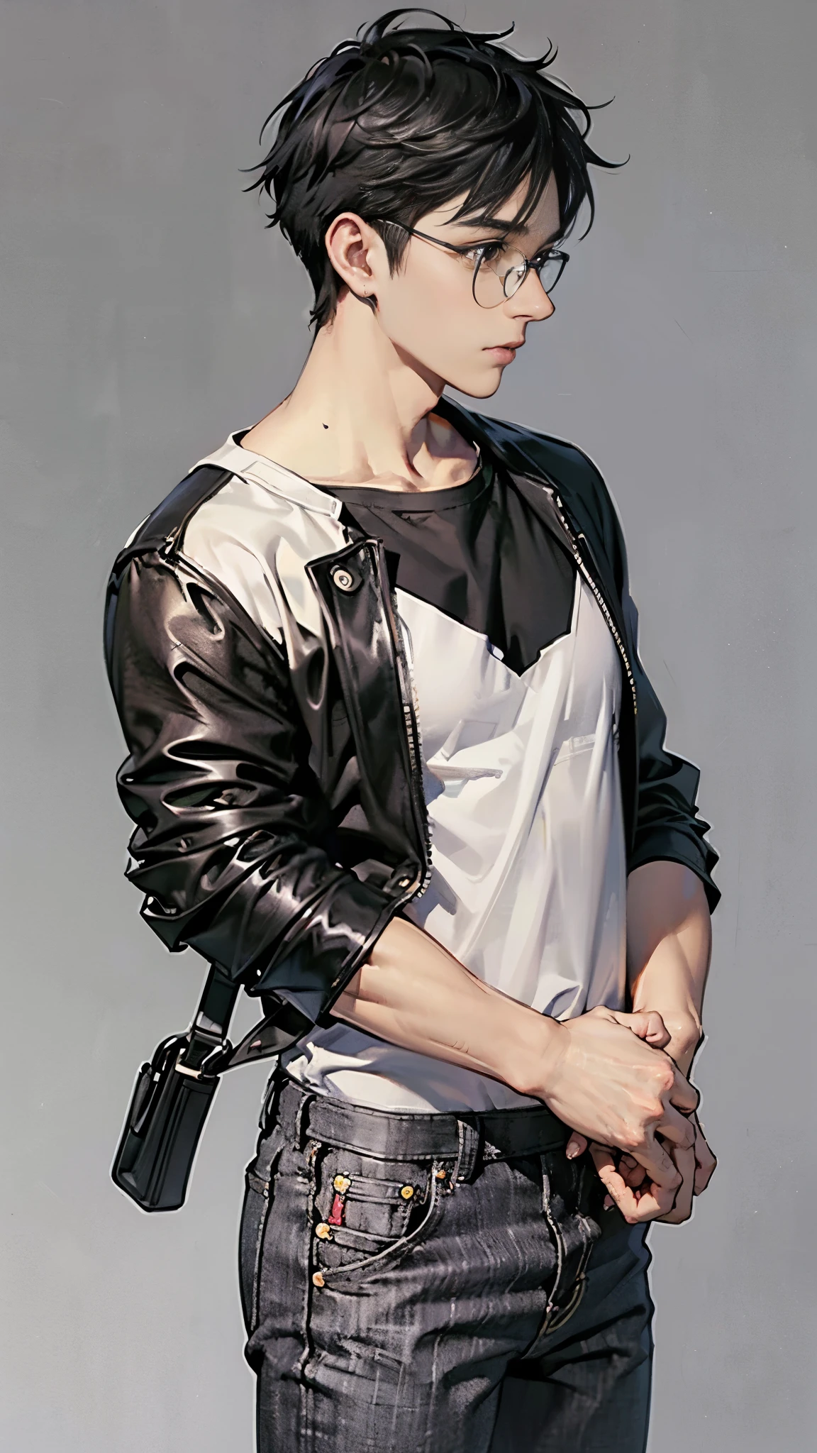 (Highest quality、masterpiece、High resolution、High quality)、(Colt Python 357 Magnum: 1.8、He has a gun in his right hand: 1.5)、(1 male: 1.8、Glasses、51 years old)、(Short gray hair: 1.3)、BREAK、(Pure white T-shirt: 1.5、black skinny pants: 1.7)、(Black leather shoes: 1.6)Left hand in trouser pocket、Upper Body、Simple Background、Quiet Pose、Cool animation、uncle、Romance Gray、profile、Ready your gun?。