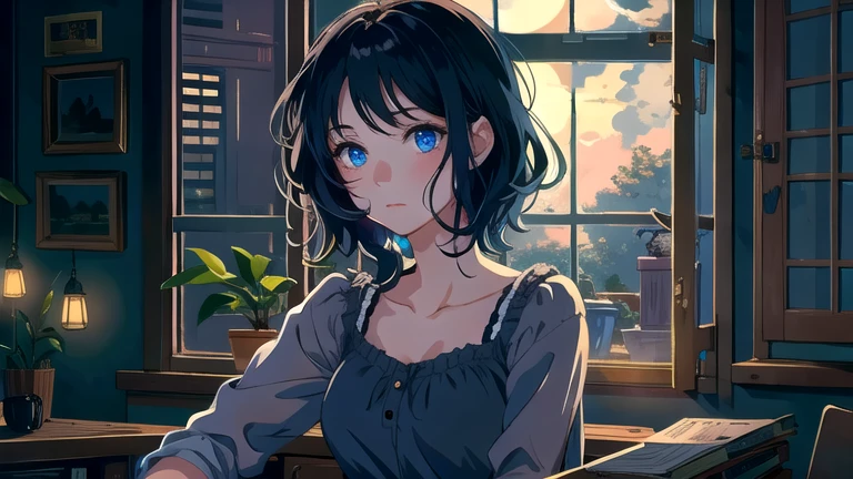 Create an illustration of a girl with black hair and blue eyes, sitting in a chair in front of a desk, Sentimental, Introspective look。, The moonlight gently shines into the room, Gently illuminate the space, Curtains sway in the wind, Increase tranquility, Dark mood, Emphasise the theme of loneliness, silence, And the depths of night, The room is dark、dimly lit by the moonlight
