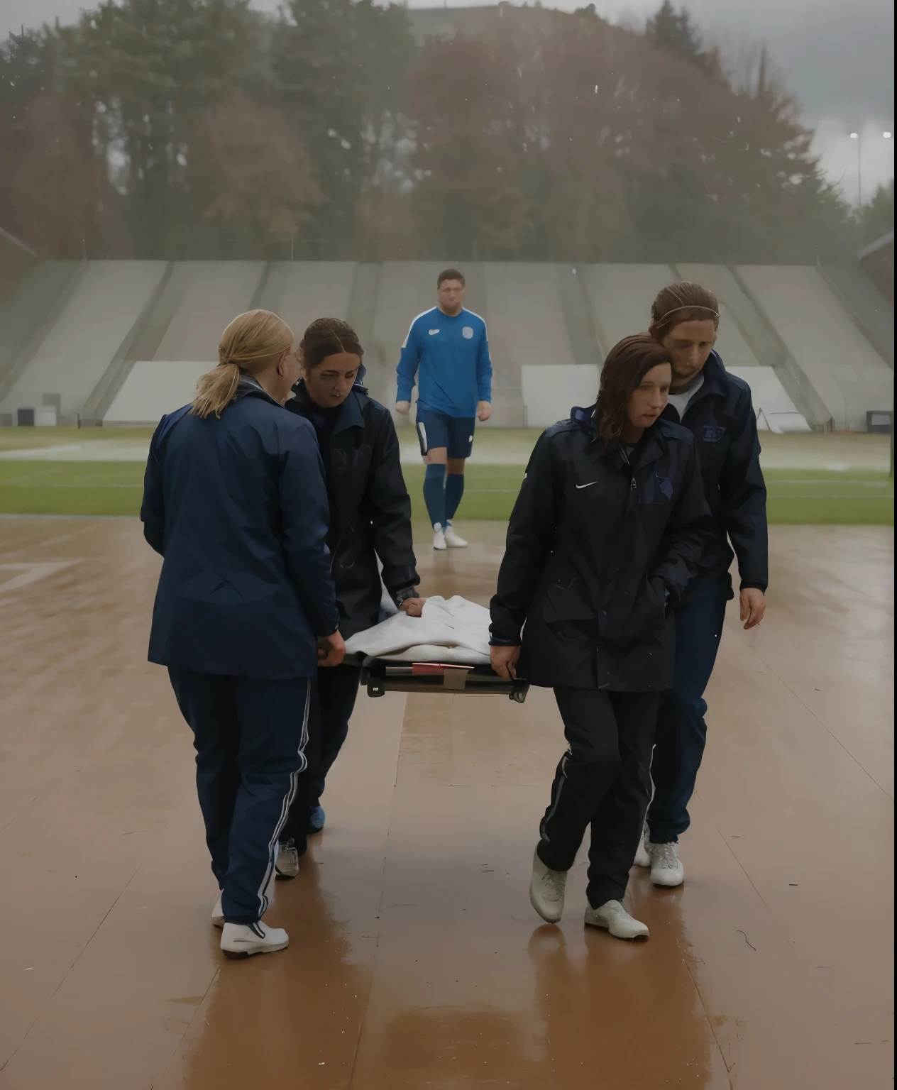 a soccer scene in a sports stadium, cool and wet weather conditions, humide ground, rainy sky, injury scene in a sports stadium, stretcher carry, there are four female medics carrying a stretcher, there are four female medics in very shiny coats who are carrying a stretcher in a sports stadium, there is a wounded male soccer player in a matte short cotton sports outfit lying on the stretcher, an injured male soccer player in matte cotton sportswear is lying in pain on a stretcher, a soccer player in matte cotton sports clothes is rearing up in intense pain while lying on a stretcher, dramatic scene, theatralic posing scene, dramatic pity scene, injury soccer, first aid, help, pity, there are four female medics in wetlook high-shine coats who are looking very sad and very terrified and very shocked, the injured soccer player is screaming out in pain while he is carried from the pitch on a stretcher