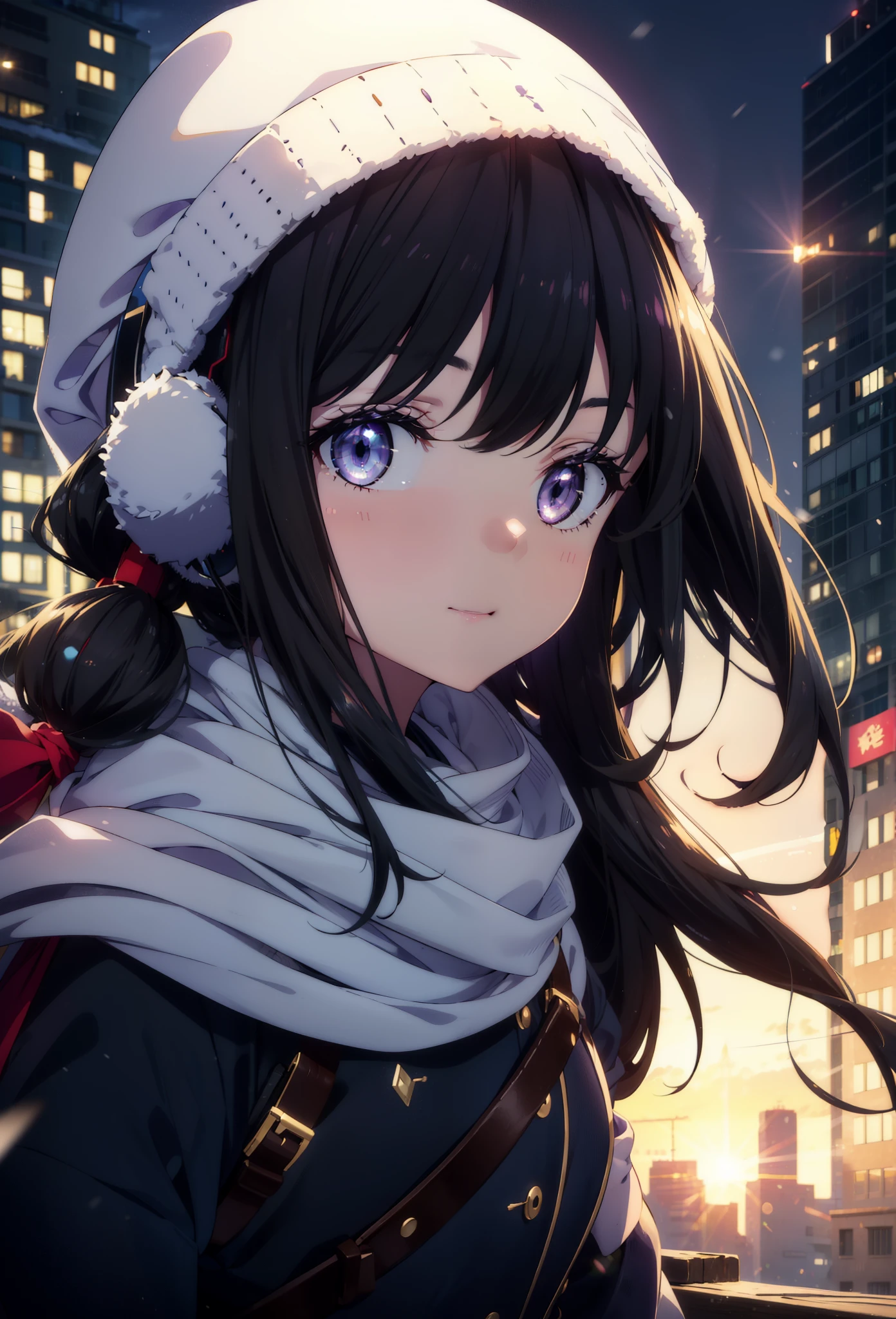 Takiuchikami,Long Hair, bangs, Black Hair, (Purple eyes:1.2),happy smile, smile, Open your mouth,Knitted hat,Earmuffs,Blue oversized coat,White scarf,Long skirt,Black pantyhose,short boots,snowが積もっている,snowが降っている,winter,Cold Sky,night,moonlight,snow,snow,snow,snow,whole bodyがイラストに入るように,Walking,
break looking at viewer, whole body, 
break outdoors, city,construction area,
break (masterpiece:1.2), highest qualそれy, High resolution, unそれy 8k wallpaper, (shape:0.8), (Beautiful and beautiful eyes:1.6), Highly detailed face, Perfect lighting, Extremely detailed CG, (Perfect hands, Perfect Anatomy),