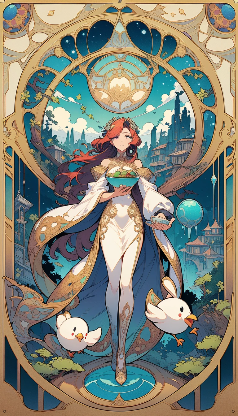 ((best quality)) , ((masterpiece)) , (detailed),a cartoon chicken dressed as an astronaut, holding bowl of food in his hand and flying over the city with some characters running away from him, league of legends splash art,(art nouveau style , elegant, decorative, curvilinear forms, nature-inspired, ornate, detailed),(isometric style ,vibrant, beautiful, crisp, detailed, ultra detailed, intricate)