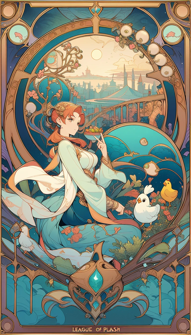 ((best quality)) , ((masterpiece)) , (detailed),a cartoon chicken dressed as an astronaut, holding bowl of food in his hand and flying over the city with some characters running away from him, league of legends splash art,(art nouveau style , elegant, decorative, curvilinear forms, nature-inspired, ornate, detailed),(isometric style ,vibrant, beautiful, crisp, detailed, ultra detailed, intricate)