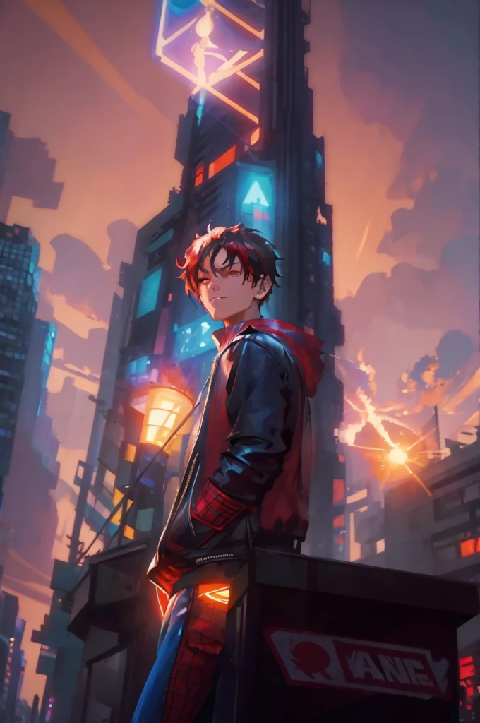 Spider Man- style photo of a man standing in front of a city at night, hero pose colorful city lighting, stylized urban fantasy artwork, Peter Parker in cyberpunk, inspired by The Amazing Spider-Man movie, ross tran 8 k, wojtek fus, digital cyberpunk anime art, ross tran style, ross tran and bayard wu, rossdraws global illumination, digital cyberpunk - realistic art