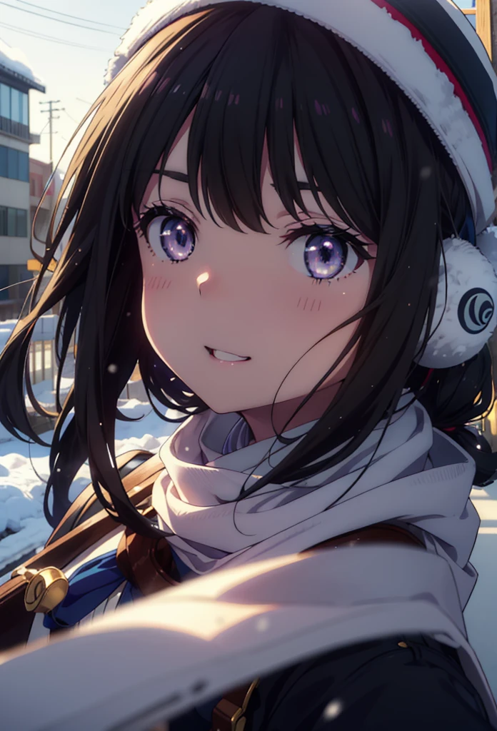 Takiuchikami,Long Hair, bangs, Black Hair, (Purple eyes:1.2),happy smile, smile, Open your mouth,Knitted hat,Earmuffs,Blue oversized coat,White scarf,Long skirt,Black pantyhose,short boots,snowが積もっている,snowが降っている,winter,Cold Sky,night,moonlight,snow,snow,snow,snow,whole bodyがイラストに入るように,Walking,
break looking at viewer, whole body, 
break outdoors, city,construction area,
break (masterpiece:1.2), highest qualそれy, High resolution, unそれy 8k wallpaper, (shape:0.8), (Beautiful and beautiful eyes:1.6), Highly detailed face, Perfect lighting, Extremely detailed CG, (Perfect hands, Perfect Anatomy),