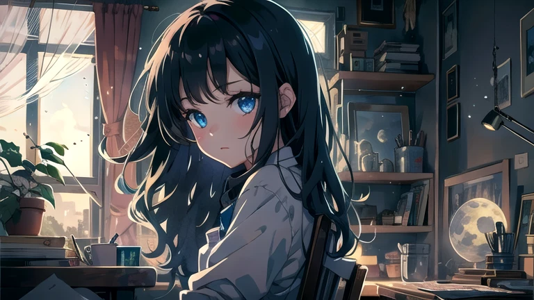 Create an illustration of a girl with black hair and blue eyes, sitting in a chair in front of a desk, Sentimental, Introspective look。, The moonlight gently shines into the room, Gently illuminate the space, Curtains sway in the wind, Increase tranquility, Dark mood, Emphasise the theme of loneliness, silence, And the depths of night, The room is dark、dimly lit by the moonlight