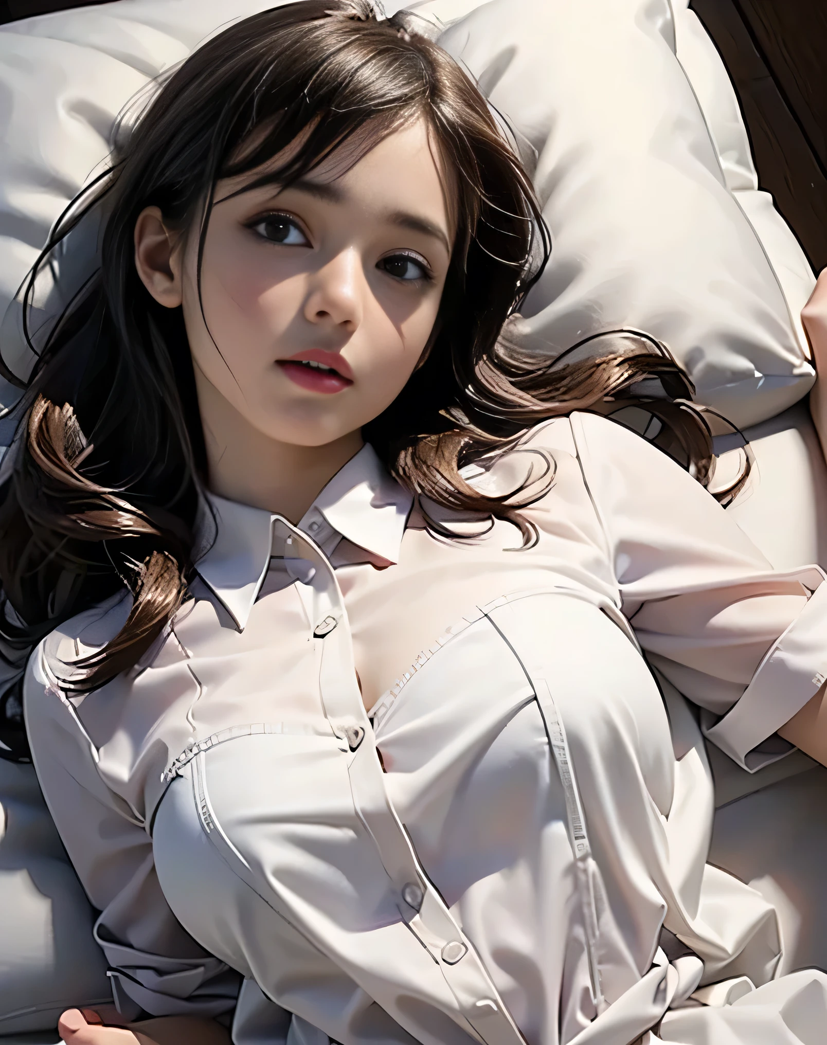 (photorealistic:1.6),(High resolution:1.6),(solo, one woman:1.5),(Thin woman:1.2),(big eyes),(large eyes),(Light brown hair),(extremely long hair),(cool beauty),chuuChloe,(Personality is lewd),(Slender Body),(amazing orgasm:1.5),(small breasts:1.2),(Ecstasy:1.3),(masochistic),(being sexually tortured:1.5),(Fainted face:1.5),(School blouse:1.4),(absentminded:1.5),(lie on back in bed:1.3),(be exhausted:1.3)