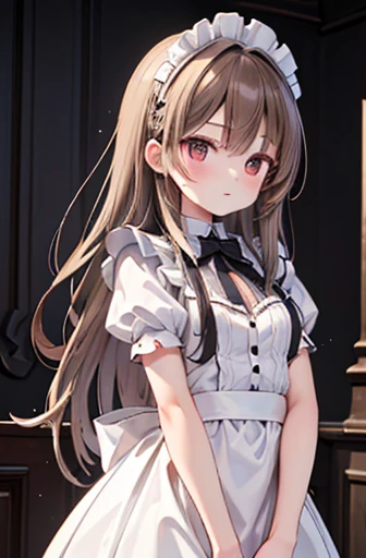 Perfect photo (masterpiece, Very detailed), (Ultra-high resolution:1.5), (Sharp focus), (Very detailed), (Perfect Anatomy), Ultra-fine illustrations, One girl, Light brown hair, Crown Blade, Long Hair, Classic maid, Maid&#39;s Headdress, (Good lift:1.3),  , Small cleavage