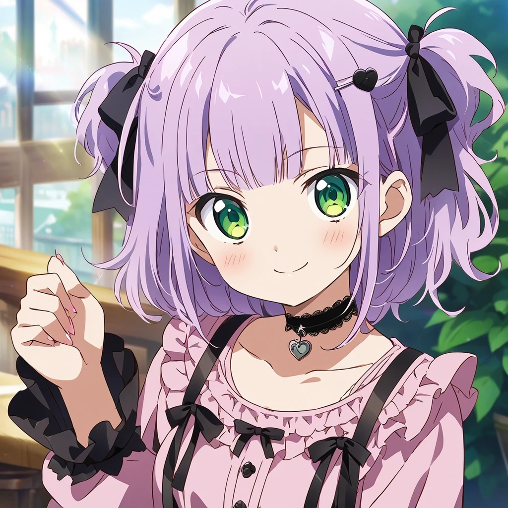A girl, (a girl with closs hair pin, looking at viewer. Light purple hair, smiling face, green eyes. closs hair pin, pink shirt, cosplay, jirai kei, bangs, black skirt, black bow, looking at viewer, bow, long sleeves, choker, ribbon:1.4), anime visual, (tilt head:1.3),Cute, Kawaii, Masterpiece, Detailed Drawing, Illustration, Official Art,