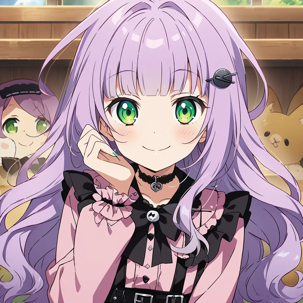 A girl, (a girl with closs hair pin, looking at viewer. Light purple hair, smiling face, green eyes. closs hair pin, pink shirt, cosplay, jirai kei, bangs, black skirt, black bow, looking at viewer, bow, long sleeves, choker, ribbon:1.4), anime visual, (tilt head:1.3),Cute, Kawaii, Masterpiece, Detailed Drawing, Illustration, Official Art,