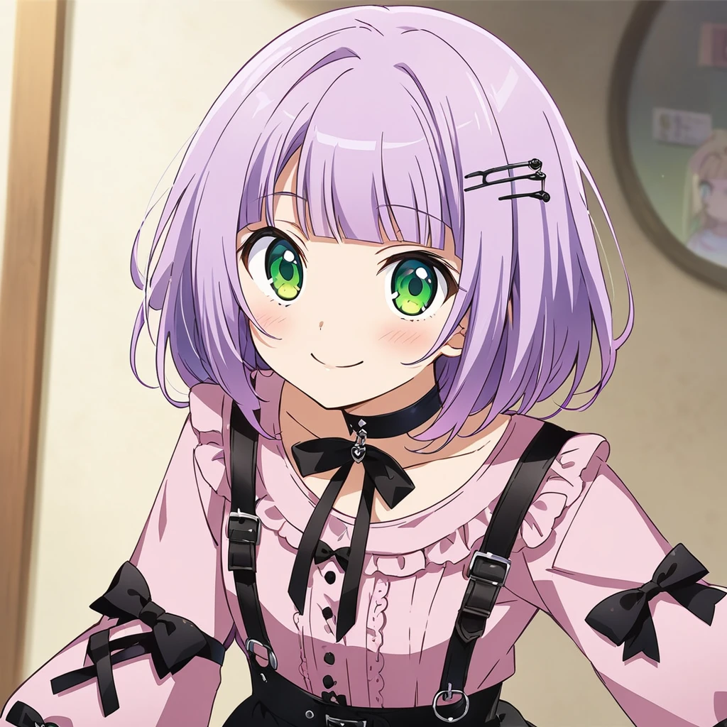 A girl, (a girl with closs hair pin, looking at viewer. Light purple hair, smiling face, green eyes. closs hair pin, pink shirt, cosplay, jirai kei, bangs, black skirt, black bow, looking at viewer, bow, long sleeves, choker, ribbon:1.4), anime visual, (tilt head:1.3),Cute, Kawaii, Masterpiece, Detailed Drawing, Illustration, Official Art,