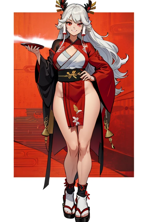 female, silver long hair, red eyes, (((1girl))), (((red kimono))), (black Japanese sandals), (white socks), cute and sexy, full body, large breasts, large butt, long legs, smiling, standing