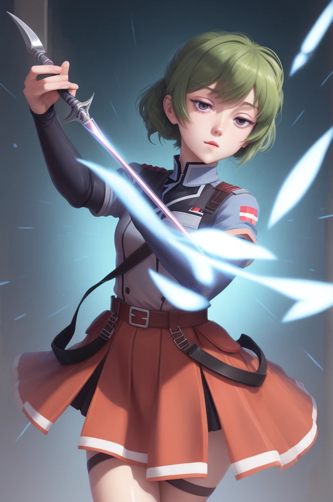 Field Medic Woman, masterpiece, high quality, Game character design, Anime illustration style, simple flat background, (Little:0.9), whole body, Diagonal angle, View your viewers, Dynamic pose, Holding a dagger, Text only,