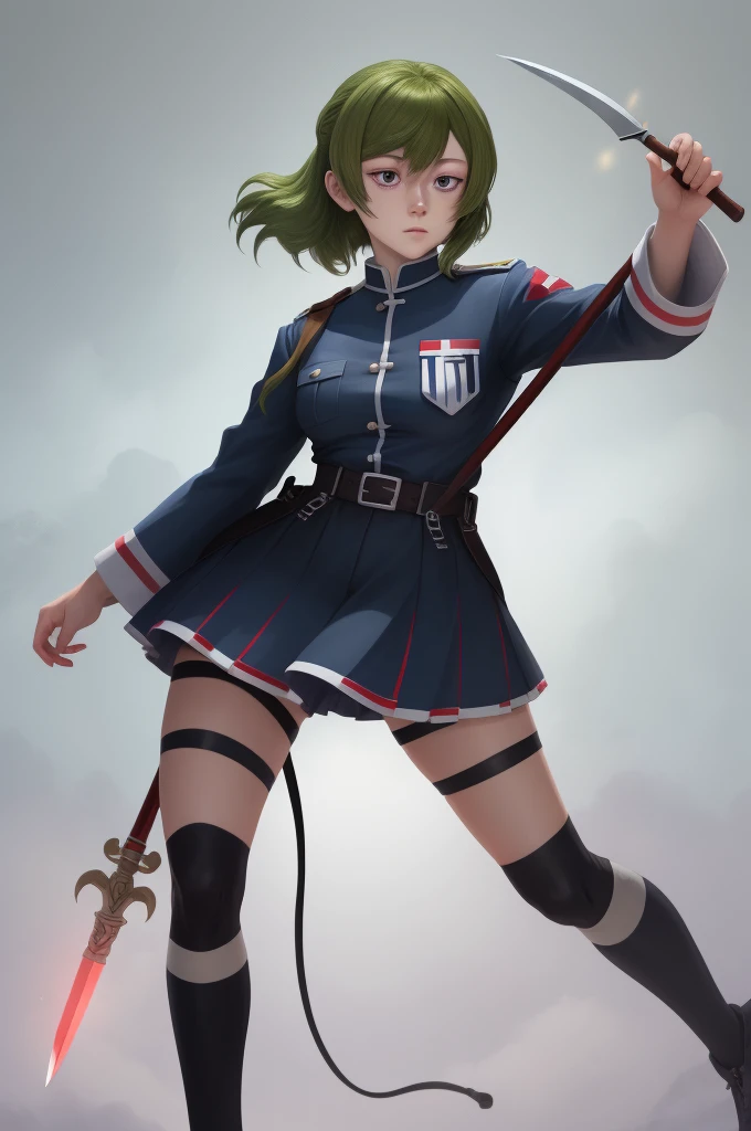 Field Medic Woman, masterpiece, high quality, Game character design, Anime illustration style, simple flat background, (Little:0.9), whole body, Diagonal angle, View your viewers, Dynamic pose, Holding a dagger, Text only,