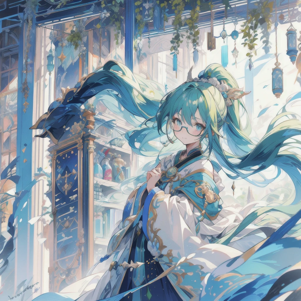 Young woman, long blue hair with bright green streaks, bushy ponytail, Glasses, black mark on cheeks, cloak back,ditalized clothing, Best quality